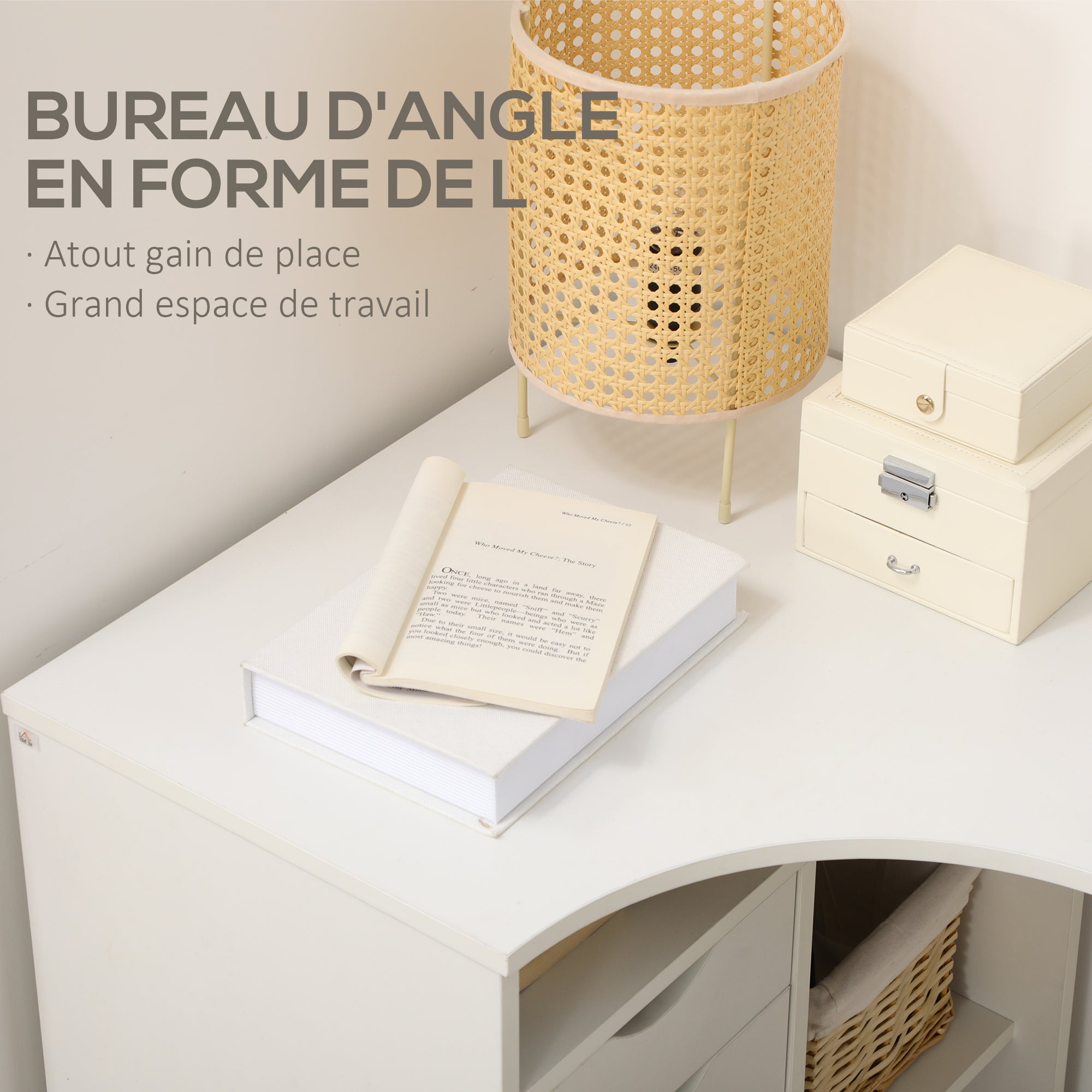 Bureau d'angle avec 2 tiroirs, 120 x 60 cm, bureau en L avec 3 compartiments ouverts, table informatique pour étudier, travailler, chambre, maison, blanc
