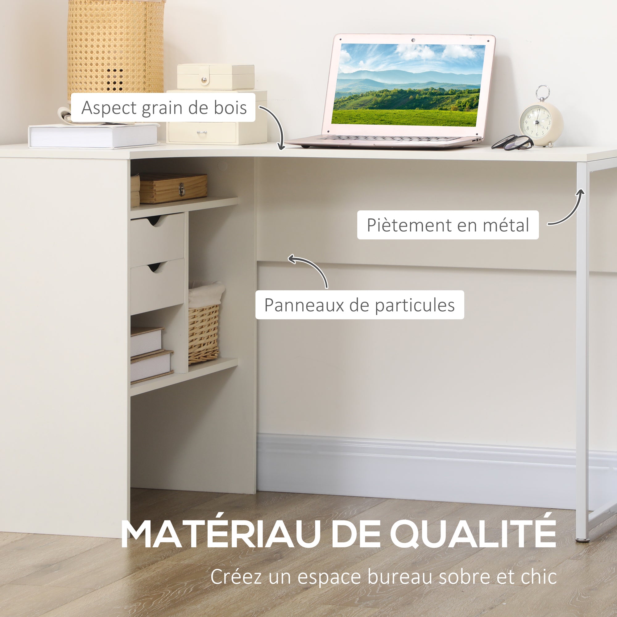Bureau d'angle avec 2 tiroirs, 120 x 60 cm, bureau en L avec 3 compartiments ouverts, table informatique pour étudier, travailler, chambre, maison, blanc