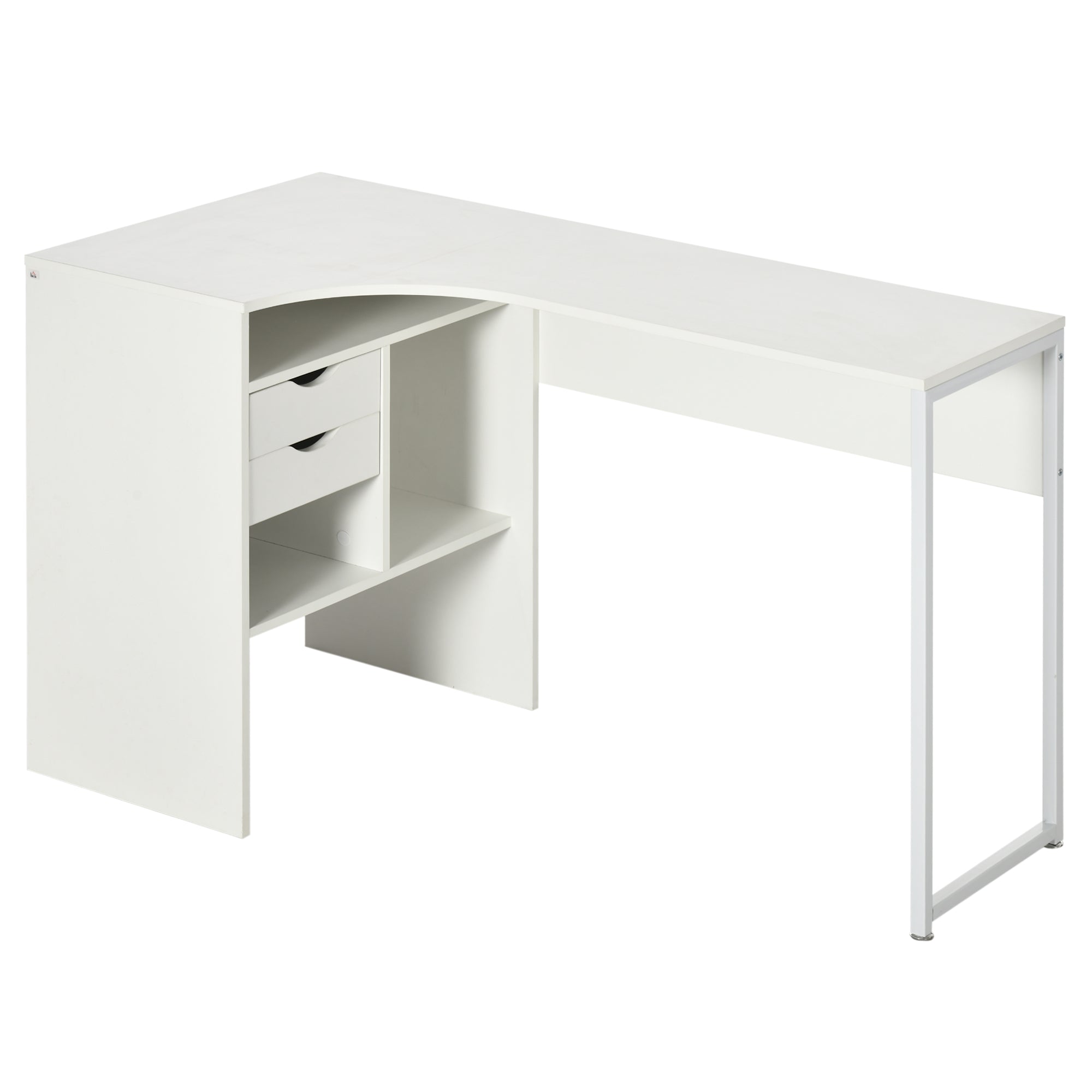 Bureau d'angle avec 2 tiroirs, 120 x 60 cm, bureau en L avec 3 compartiments ouverts, table informatique pour étudier, travailler, chambre, maison, blanc