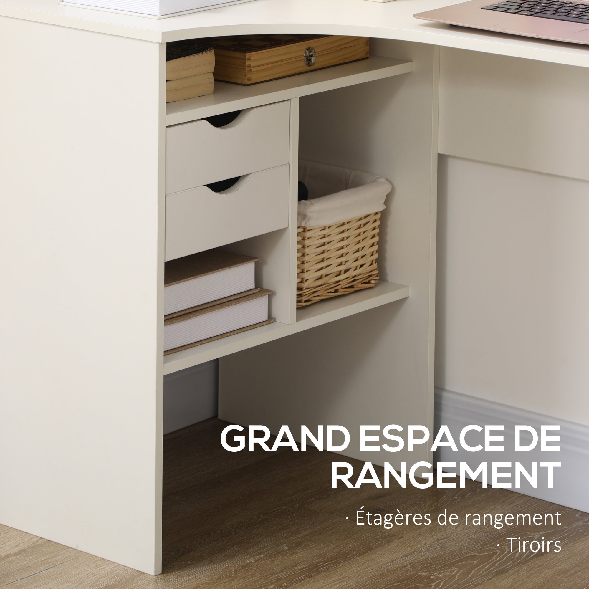 Bureau d'angle avec 2 tiroirs, 120 x 60 cm, bureau en L avec 3 compartiments ouverts, table informatique pour étudier, travailler, chambre, maison, blanc