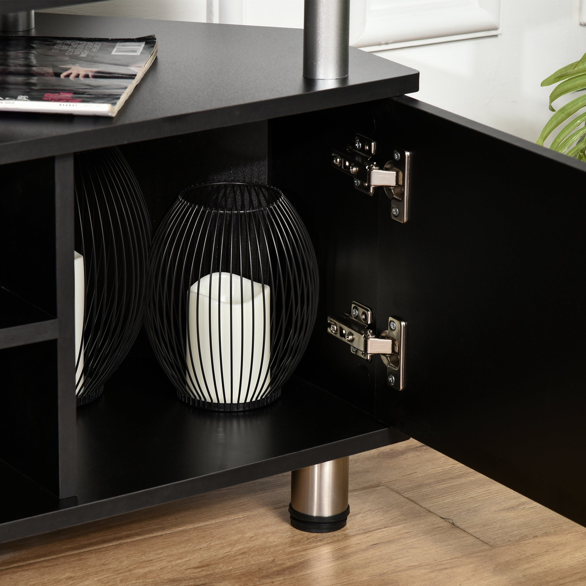 Meuble TV meuble télé bois banc TV pour téléviseur jusqu'à 55 pouces avec grand plateau, placards à portes et compartiment ouvert pour salon chambre à coucher, 120 x 40 x 52 cm, noir