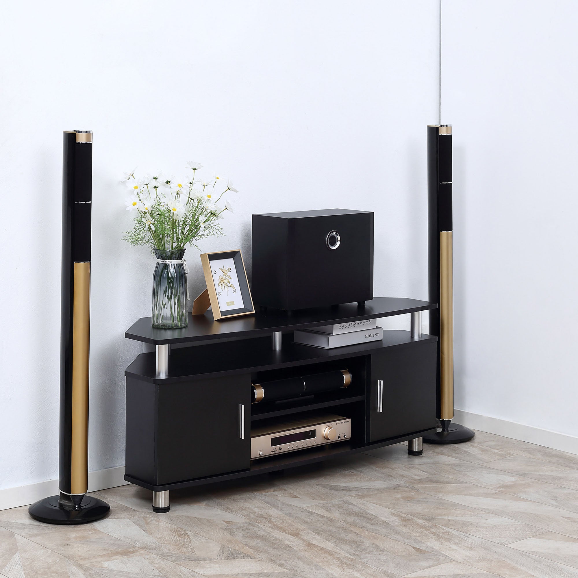 Meuble TV meuble télé bois banc TV pour téléviseur jusqu'à 55 pouces avec grand plateau, placards à portes et compartiment ouvert pour salon chambre à coucher, 120 x 40 x 52 cm, noir