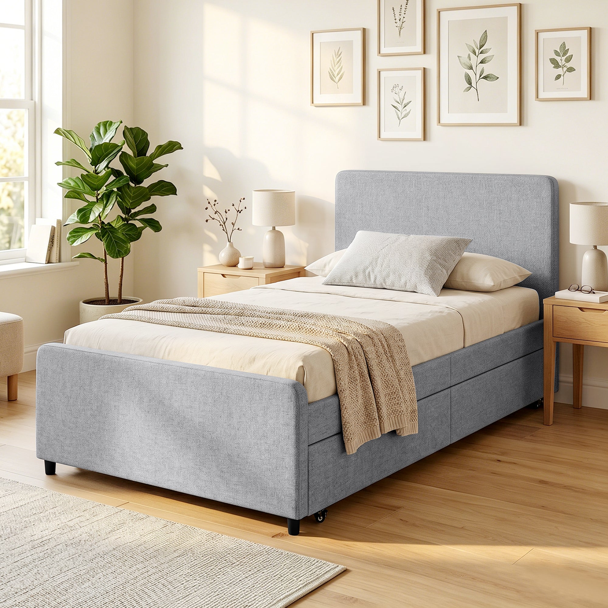 Lit gigogne 90 x 190 cm, cadre de lit simple/double avec sommier à lattes en métal, tête et pied rembourrés en tissu aspect lin, charge 400 Kg, montage facile, gris clair (sans matelas)