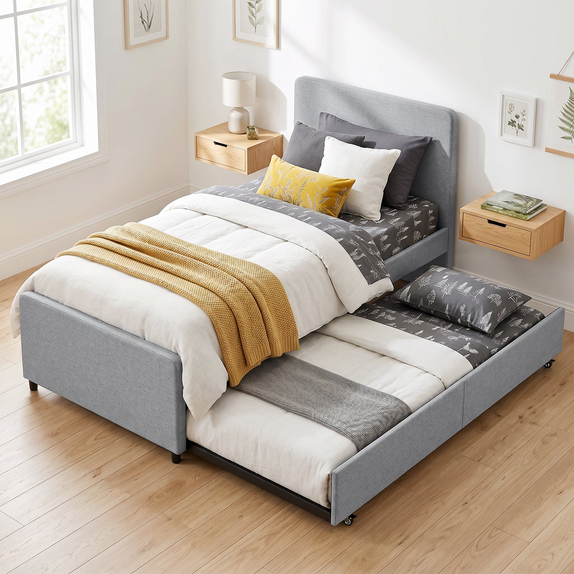 Lit gigogne 90 x 190 cm, cadre de lit simple/double avec sommier à lattes en métal, tête et pied rembourrés en tissu aspect lin, charge 400 Kg, montage facile, gris clair (sans matelas)