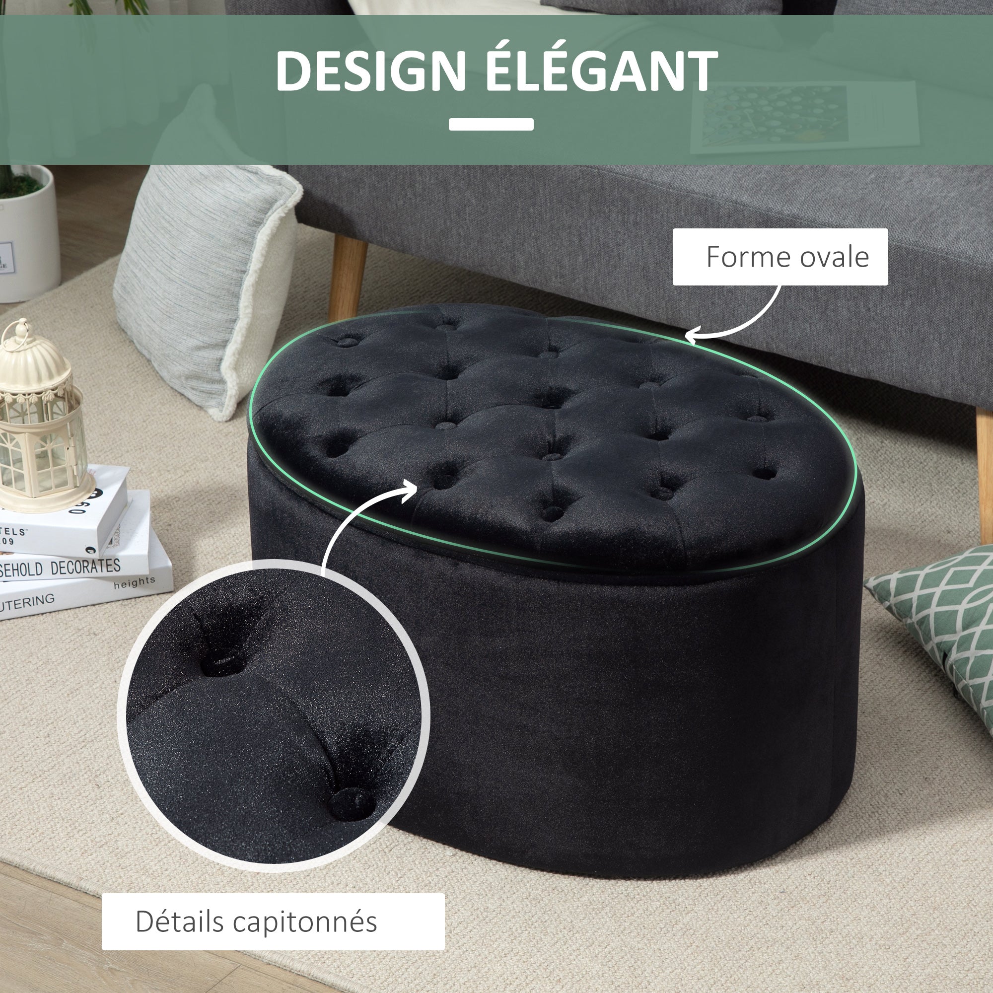 Banc coffre rangement, tabouret ovale, banc de rangement, pouf repose-pieds en tissu effet velours, pour la chambre à coucher, entrée, salon, 71 x 52 x 42 cm, noir