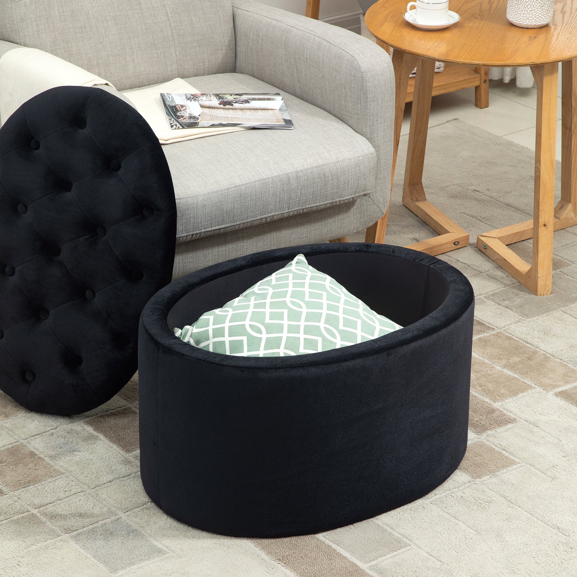 Banc coffre rangement, tabouret ovale, banc de rangement, pouf repose-pieds en tissu effet velours, pour la chambre à coucher, entrée, salon, 71 x 52 x 42 cm, noir