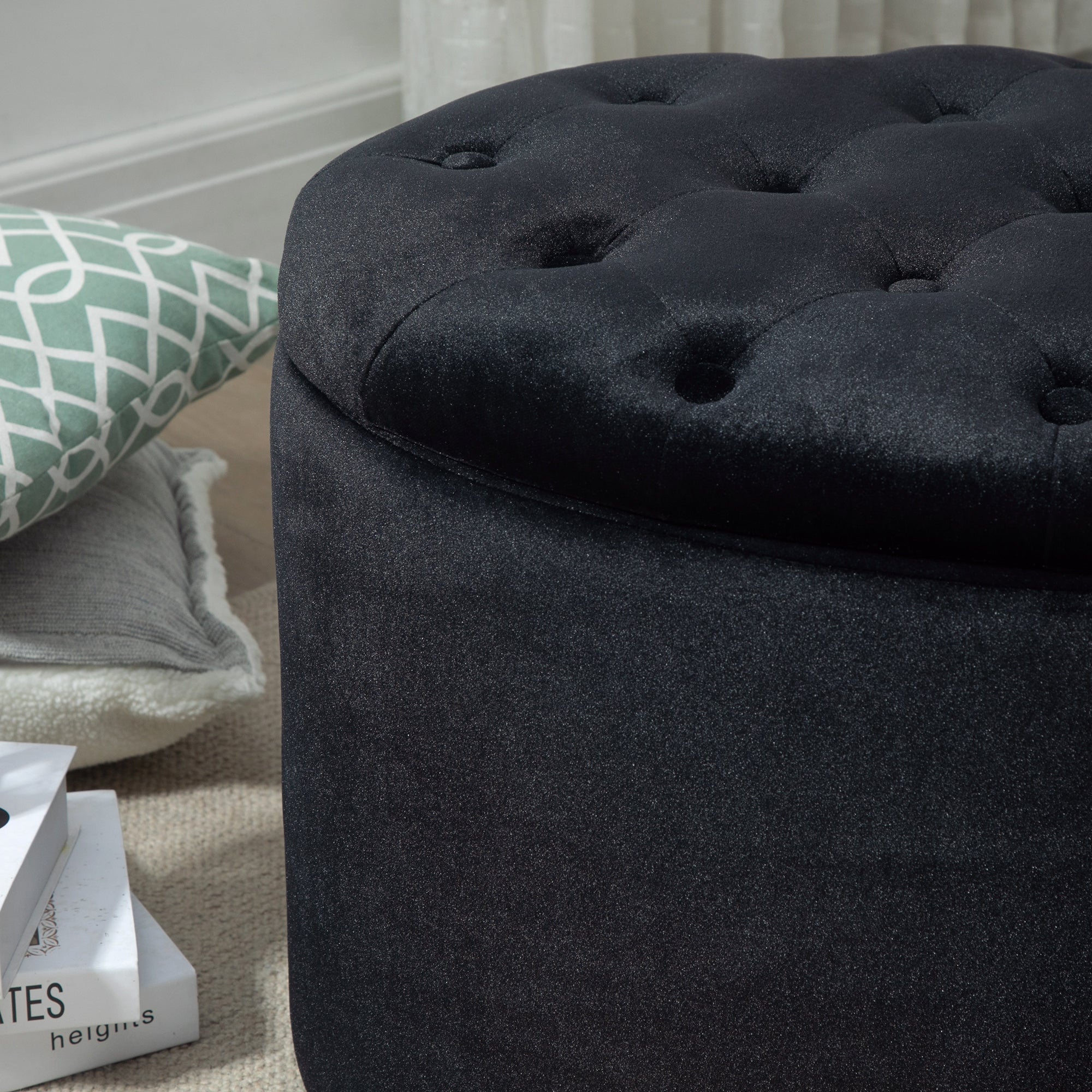 Banc coffre rangement, tabouret ovale, banc de rangement, pouf repose-pieds en tissu effet velours, pour la chambre à coucher, entrée, salon, 71 x 52 x 42 cm, noir