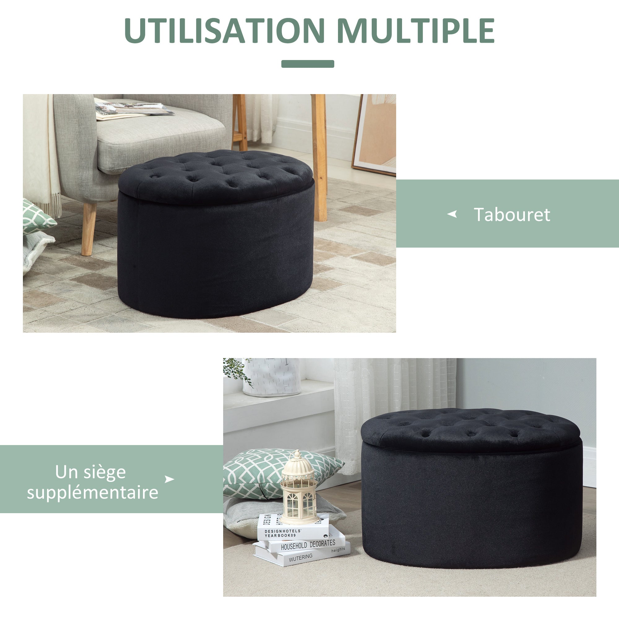 Banc coffre rangement, tabouret ovale, banc de rangement, pouf repose-pieds en tissu effet velours, pour la chambre à coucher, entrée, salon, 71 x 52 x 42 cm, noir