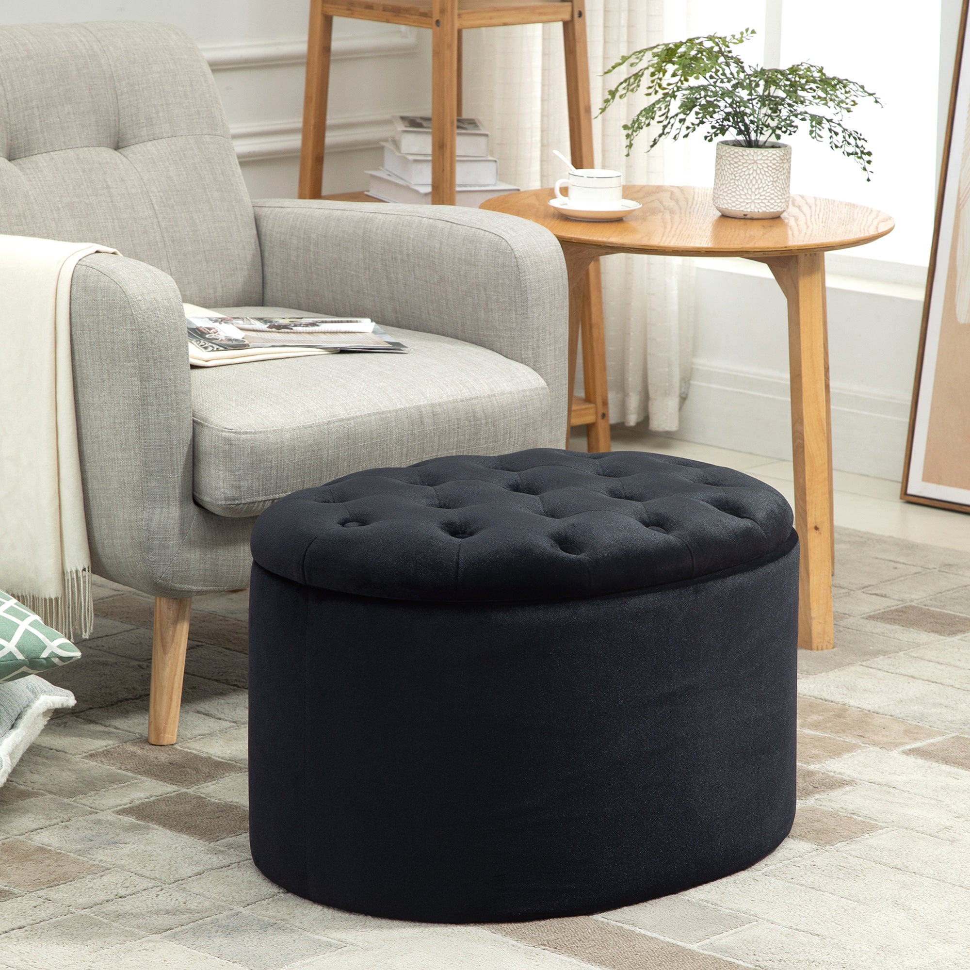 Banc coffre rangement, tabouret ovale, banc de rangement, pouf repose-pieds en tissu effet velours, pour la chambre à coucher, entrée, salon, 71 x 52 x 42 cm, noir