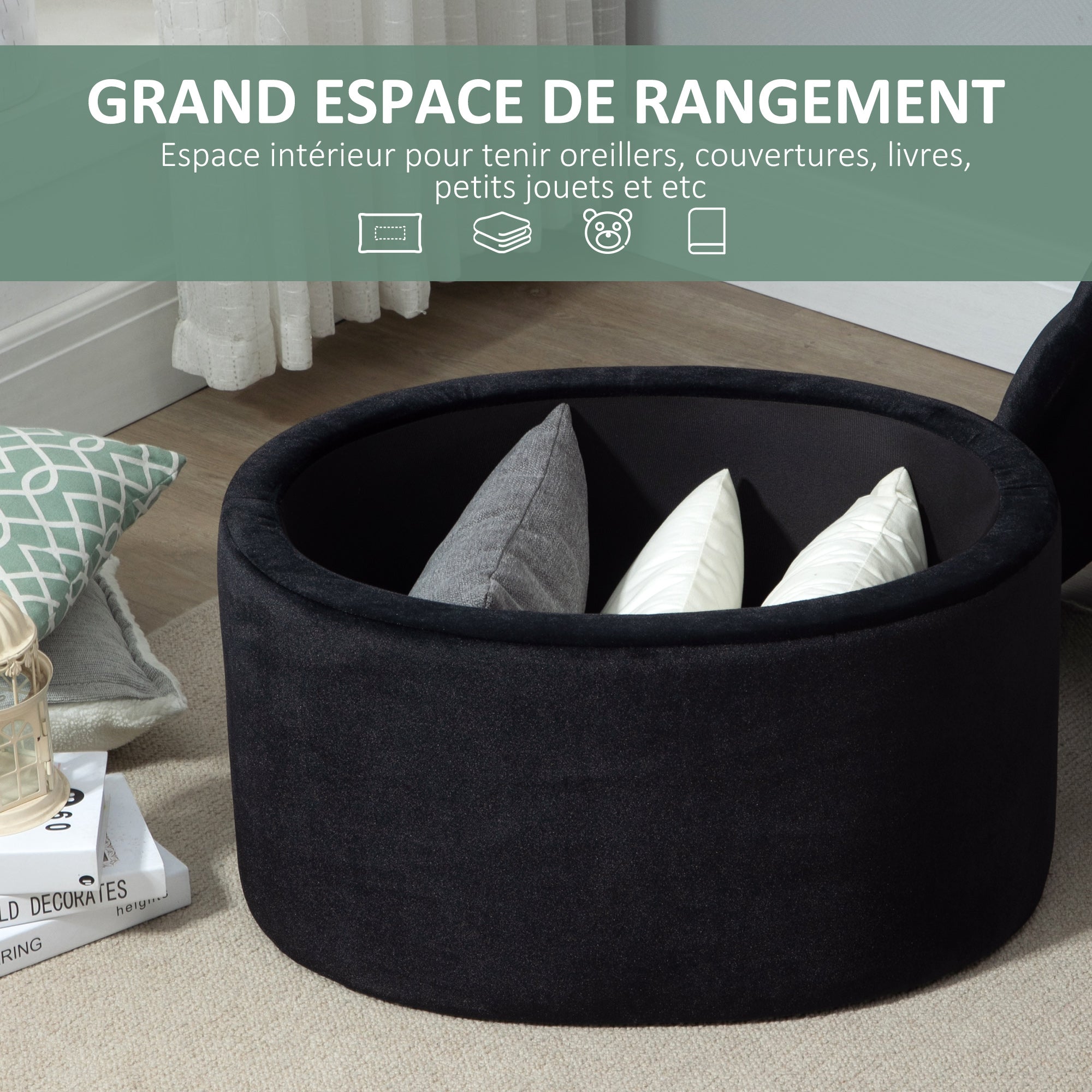 Banc coffre rangement, tabouret ovale, banc de rangement, pouf repose-pieds en tissu effet velours, pour la chambre à coucher, entrée, salon, 71 x 52 x 42 cm, noir