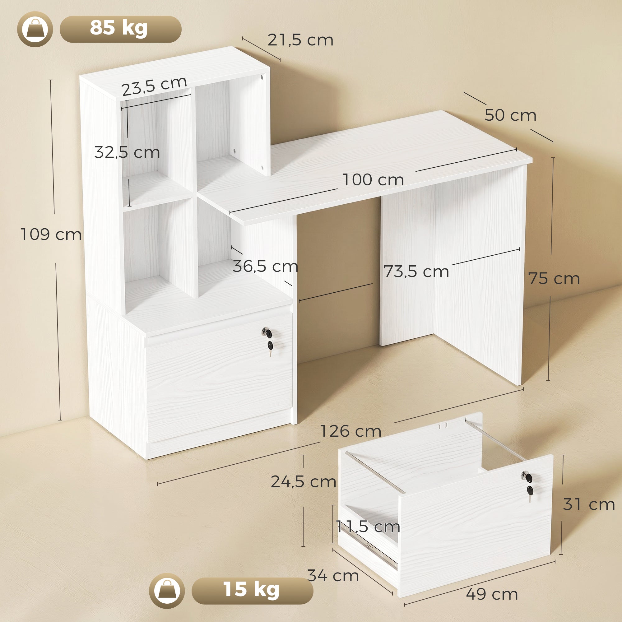 Bureau d'ordinateur avec bibliothèque 4 compartiments et tiroir verrouillable à dossiers, patins anti-collision, table informatique pour chambre salle d'étude, 126x50x109cm, grain de bois blanc