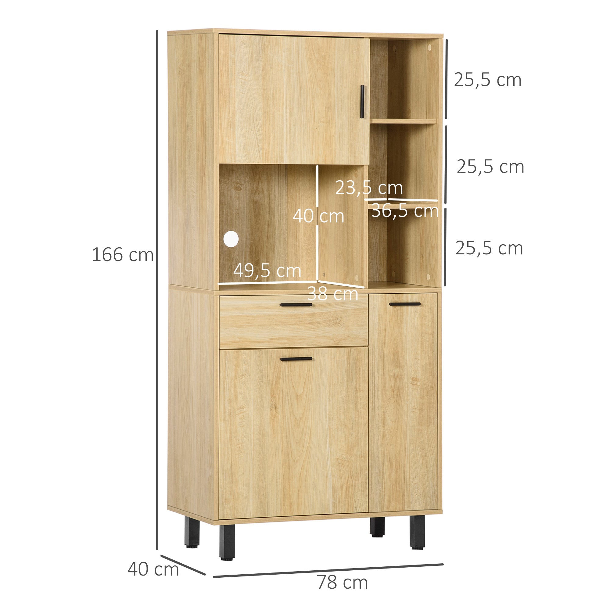 Buffet de cuisine armoire de cuisine multi-rangements avec un tiroir, 3 placards, 4 niches et passe-câbles hauteur 166 cm