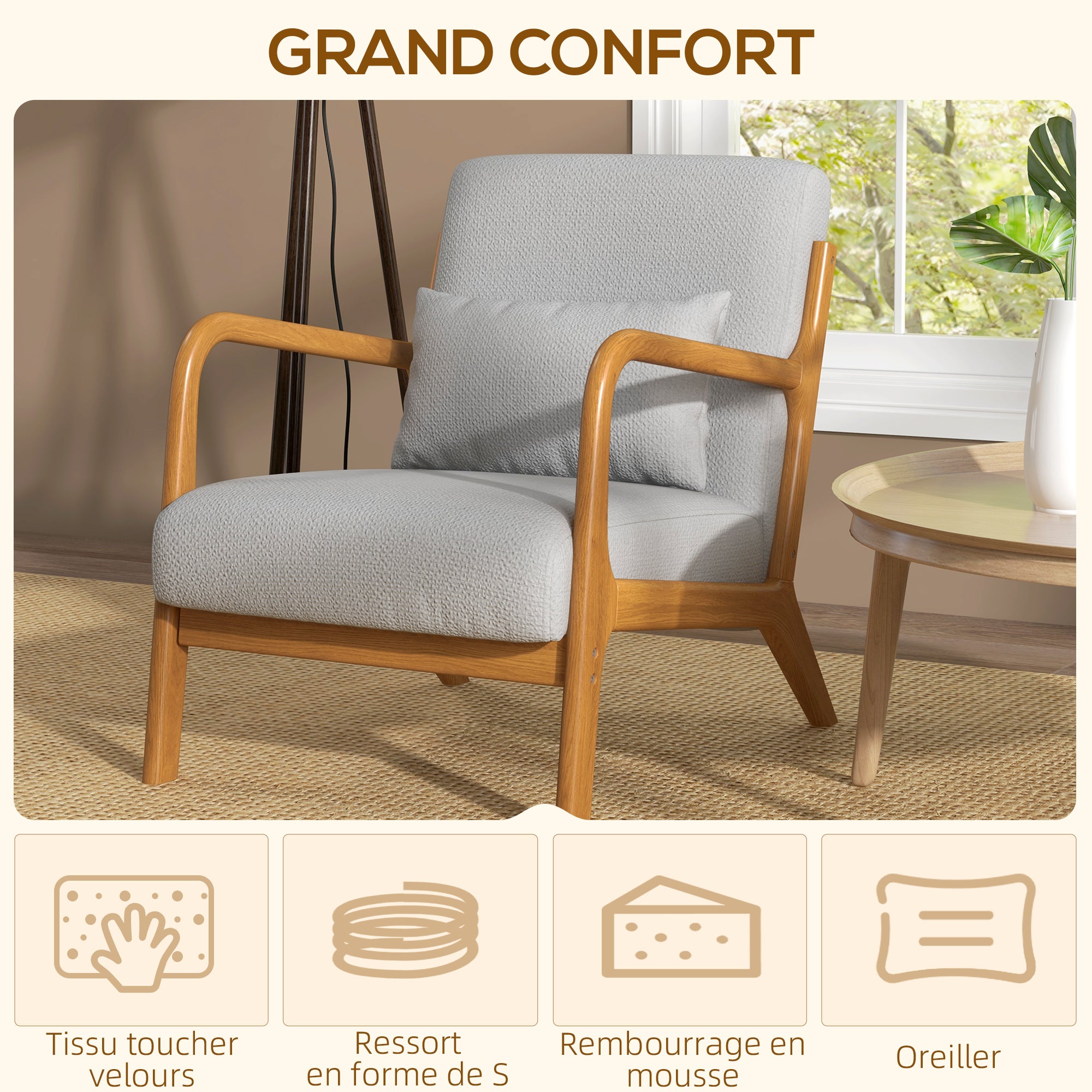 Fauteuil de salon avec cadre en bois massif fauteuil lounge - assise profonde - accoudoirs - aspect velours gris clair