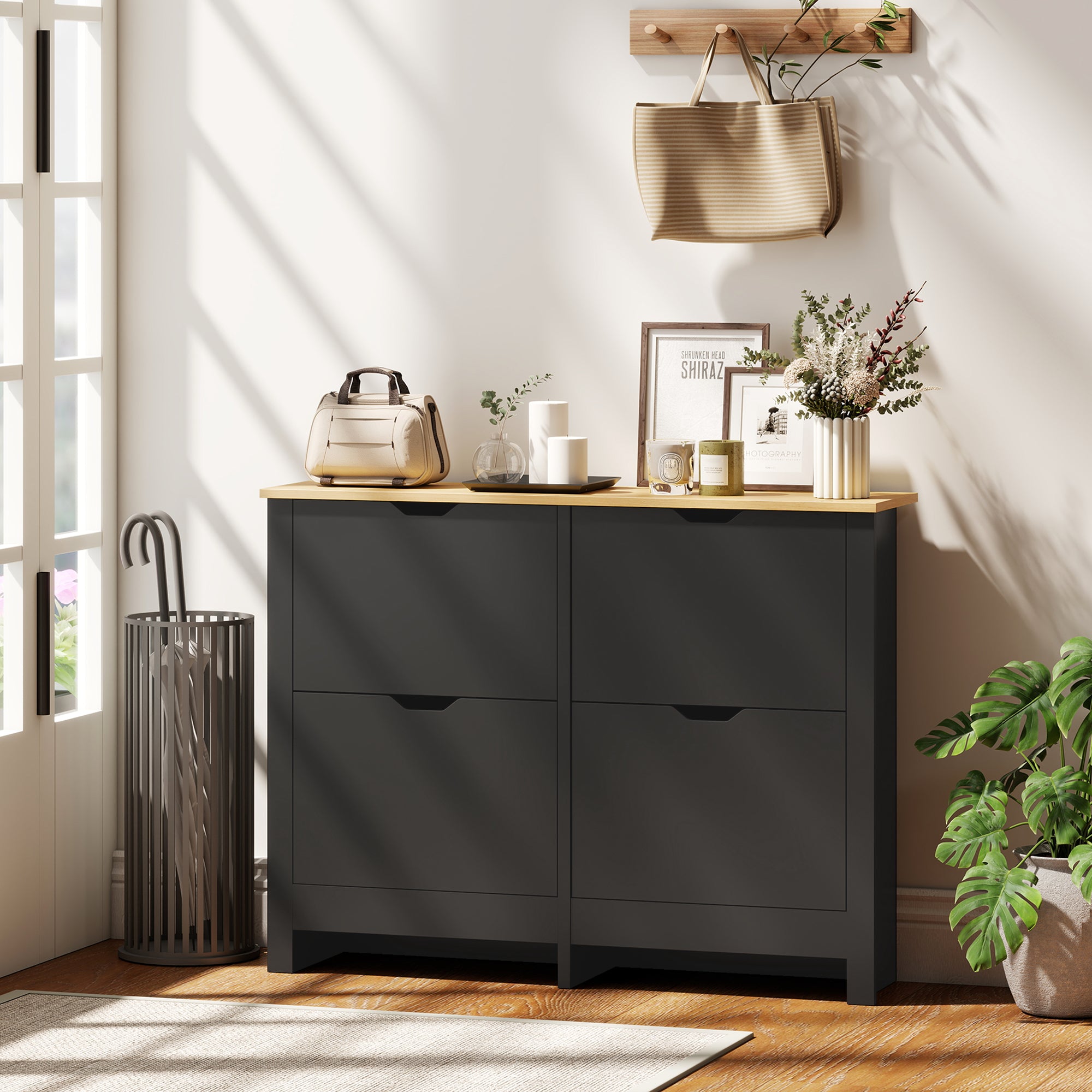 Meuble à chaussures 16 paires, armoire à chaussures étroite avec 4 tiroirs rabattables et étagères réglables, style moderne, pour couloir, entrée, 105 x 26 x 80 cm, noir et bois naturel