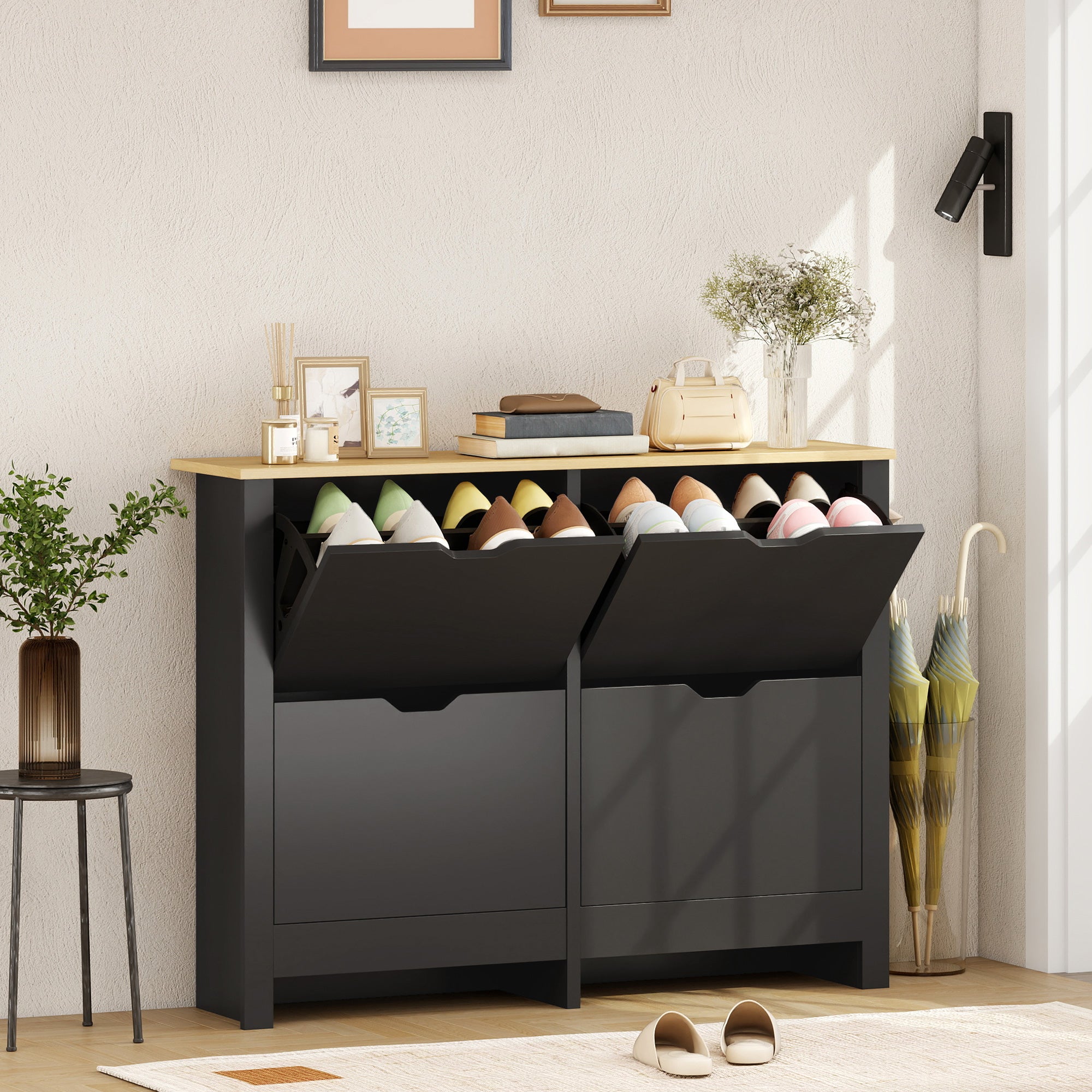 Meuble à chaussures 16 paires, armoire à chaussures étroite avec 4 tiroirs rabattables et étagères réglables, style moderne, pour couloir, entrée, 105 x 26 x 80 cm, noir et bois naturel
