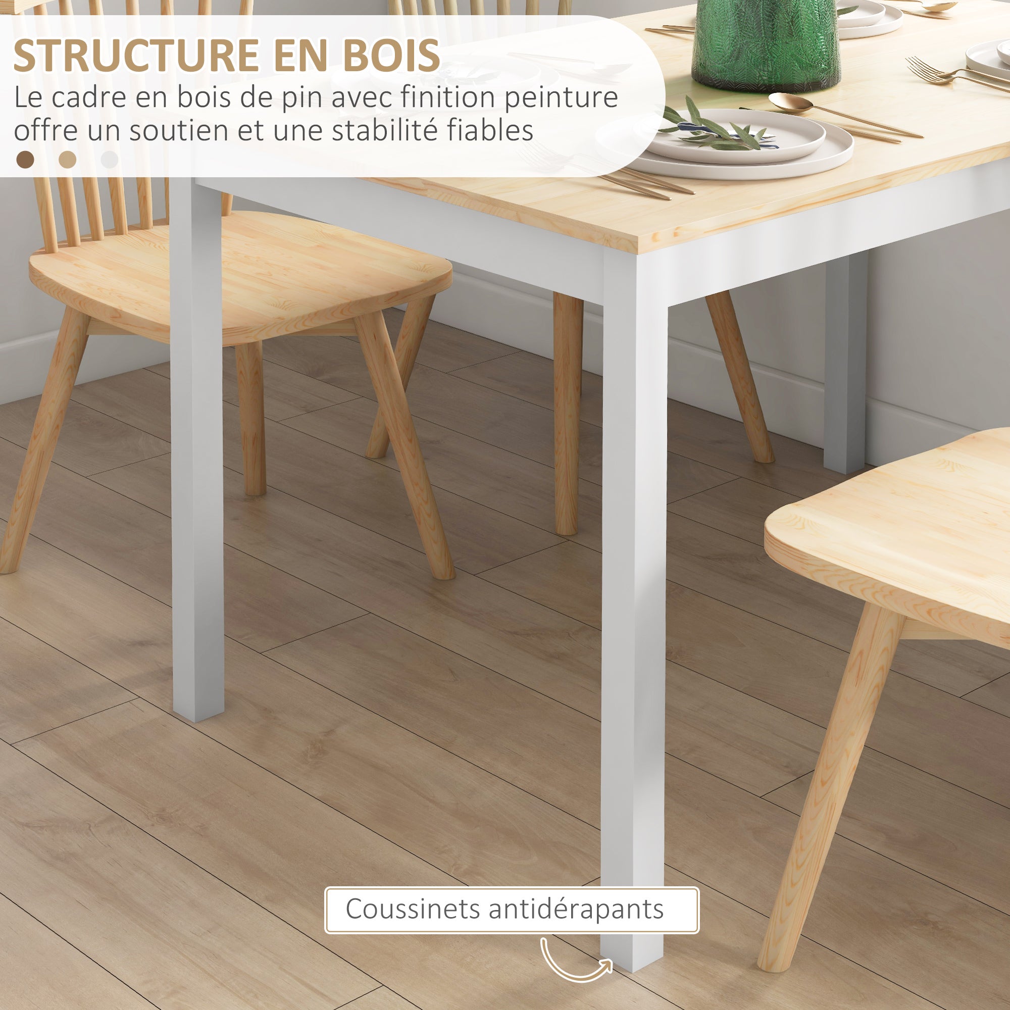 Table à manger, table de cuisine, structure en bois massif, 4 personnes, table de salle à manger, design vintage, 120 cm, naturel et blanc