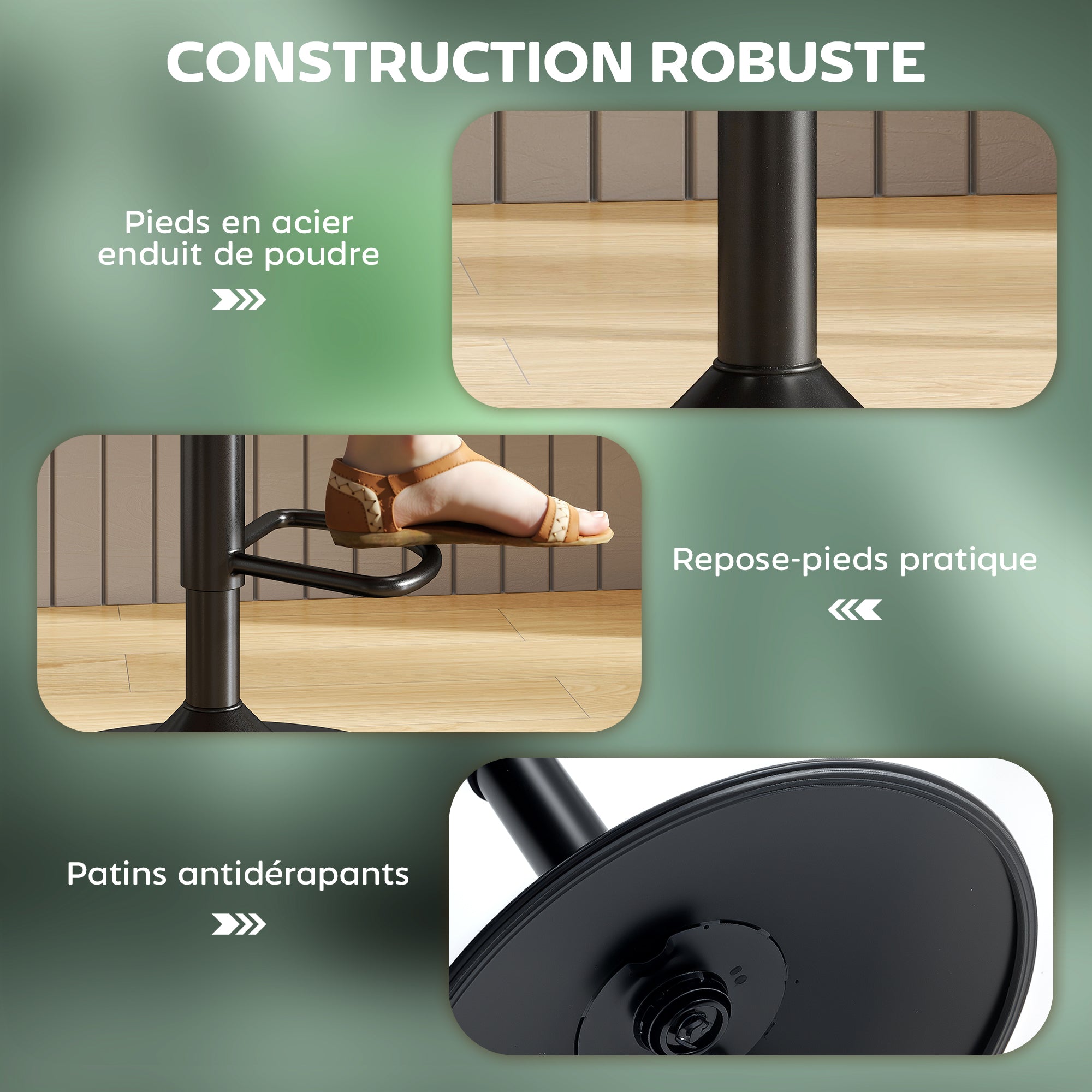 Lot de 2 tabourets de bar, chaises de bar pivotantes rembourrés à hauteur réglable, chaise haute cuisine avec dossier et repose-pieds, cadre en acier, vert