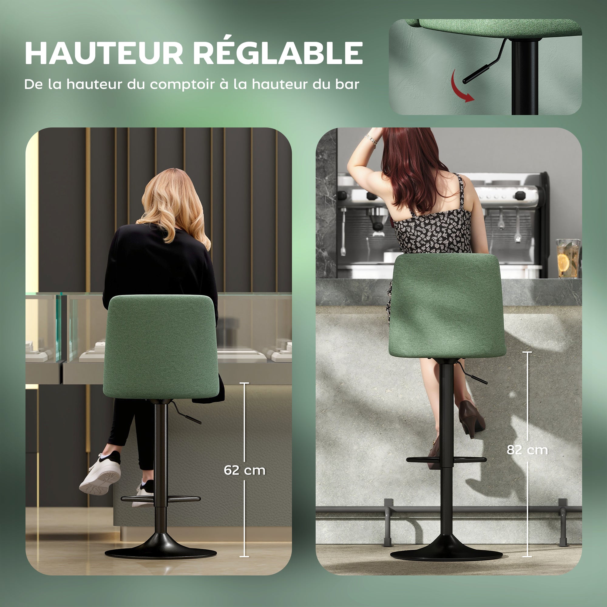 Lot de 2 tabourets de bar, chaises de bar pivotantes rembourrés à hauteur réglable, chaise haute cuisine avec dossier et repose-pieds, cadre en acier, vert