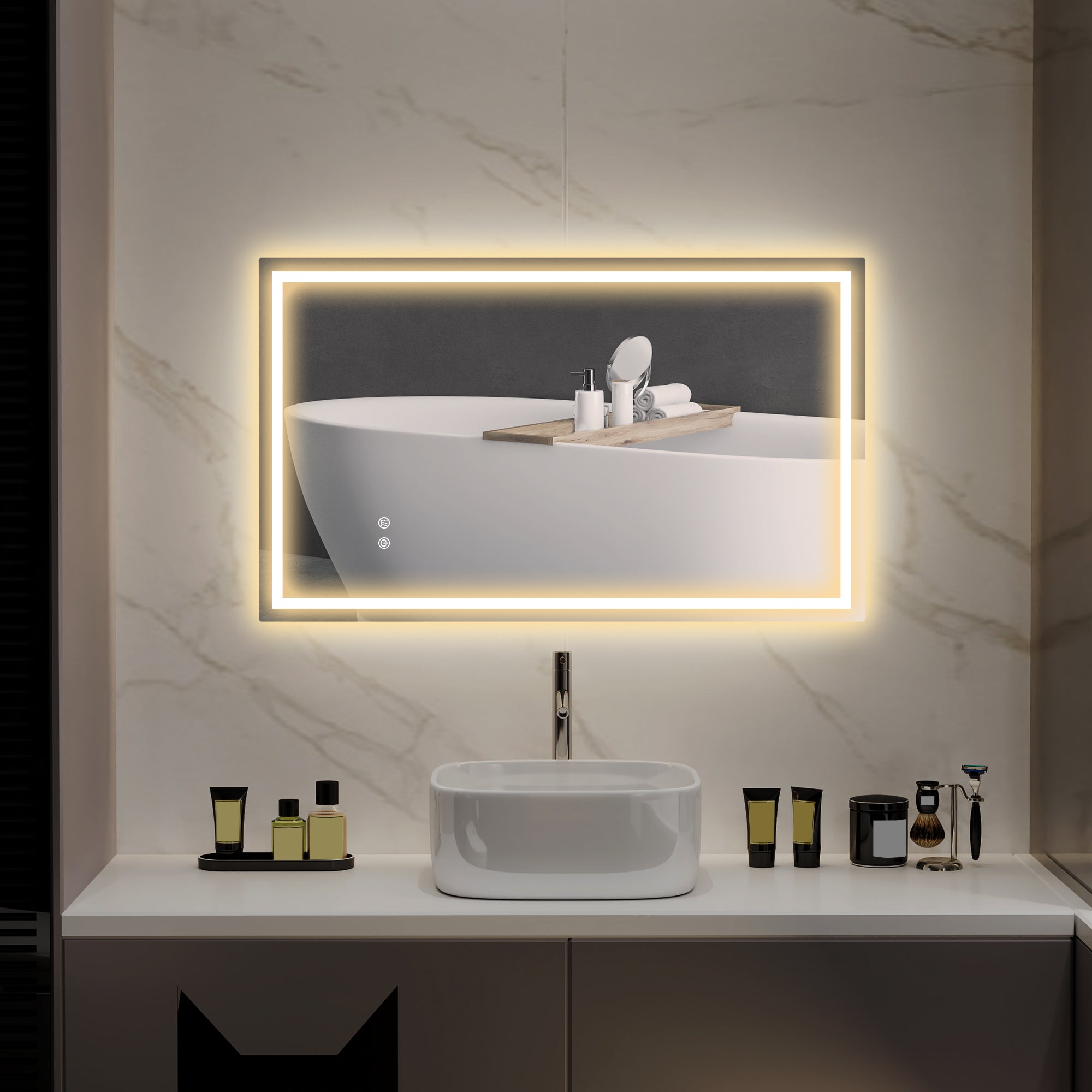 Miroir salle de bain éclairage LED 100 x 60 cm, miroir lumineux salle de bain mural avec interrupteur tactile, lumière réglable 3 couleurs, anti-buée, mémoire, IP44