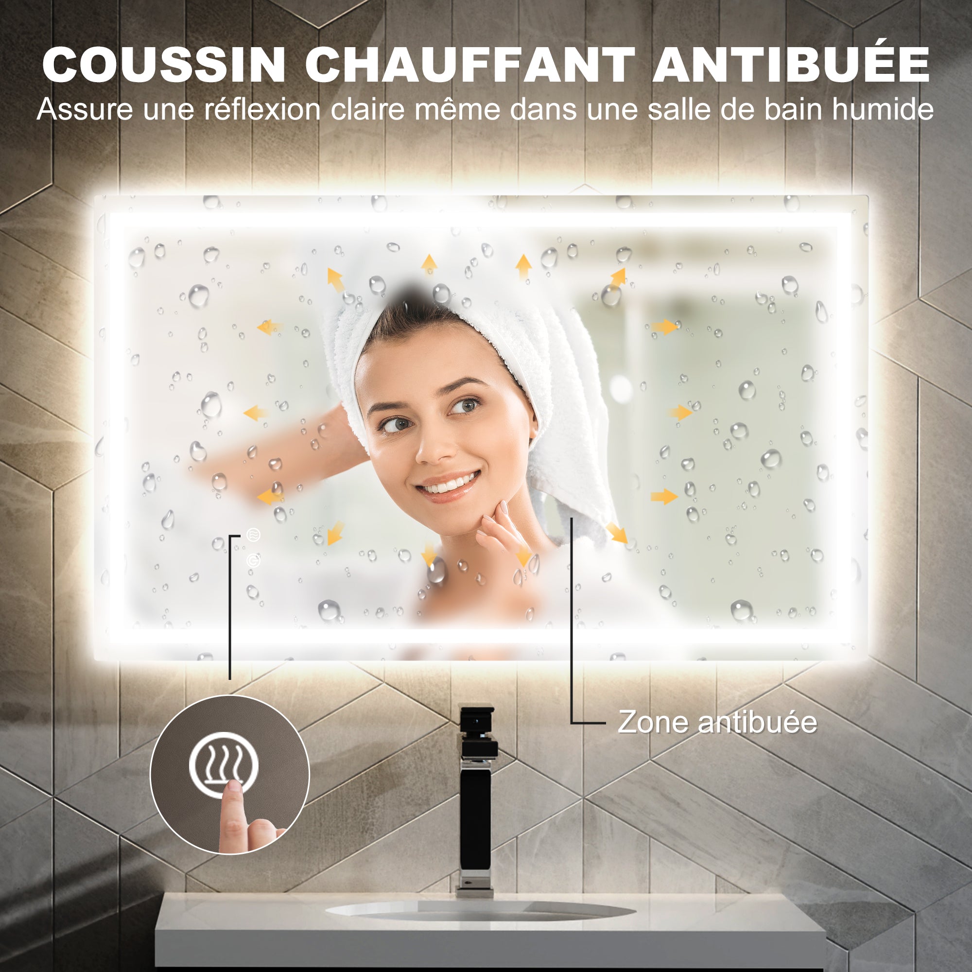 Miroir salle de bain éclairage LED 100 x 60 cm, miroir lumineux salle de bain mural avec interrupteur tactile, lumière réglable 3 couleurs, anti-buée, mémoire, IP44