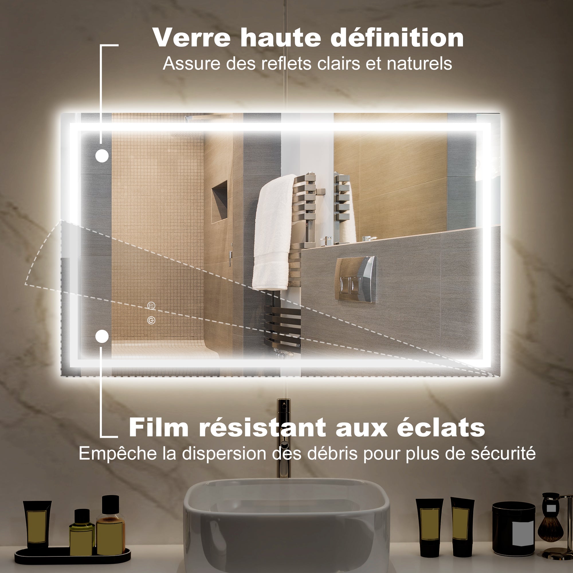 Miroir salle de bain éclairage LED 100 x 60 cm, miroir lumineux salle de bain mural avec interrupteur tactile, lumière réglable 3 couleurs, anti-buée, mémoire, IP44