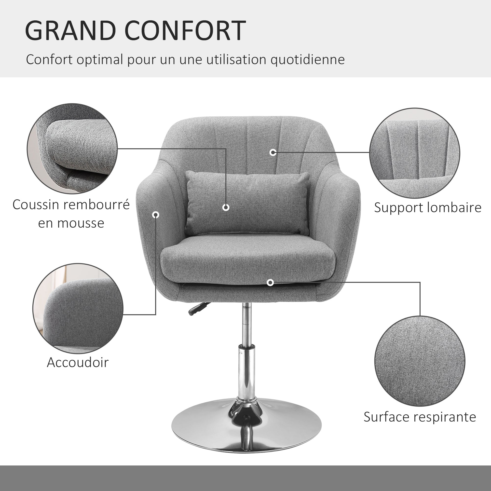 Fauteuil de salon chaise relax fauteuil de chambre grand confort - coussins lombaires hauteur réglable pivotant 360° piètement en métal chromé - gris