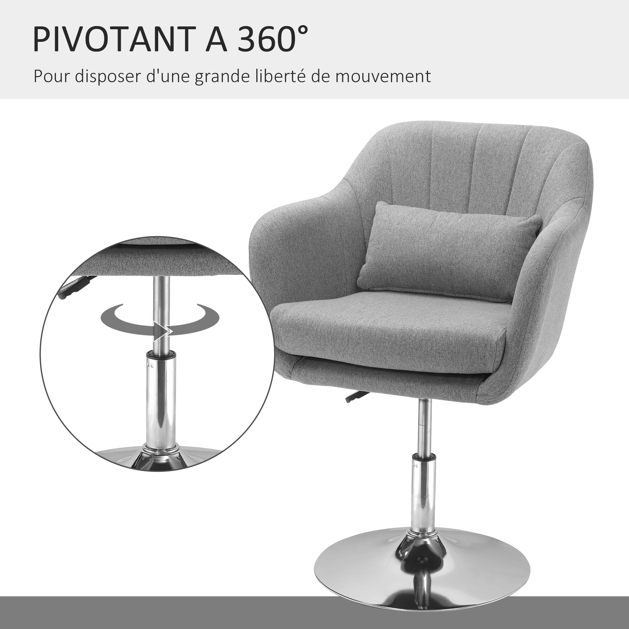 Fauteuil de salon chaise relax fauteuil de chambre grand confort - coussins lombaires hauteur réglable pivotant 360° piètement en métal chromé - gris