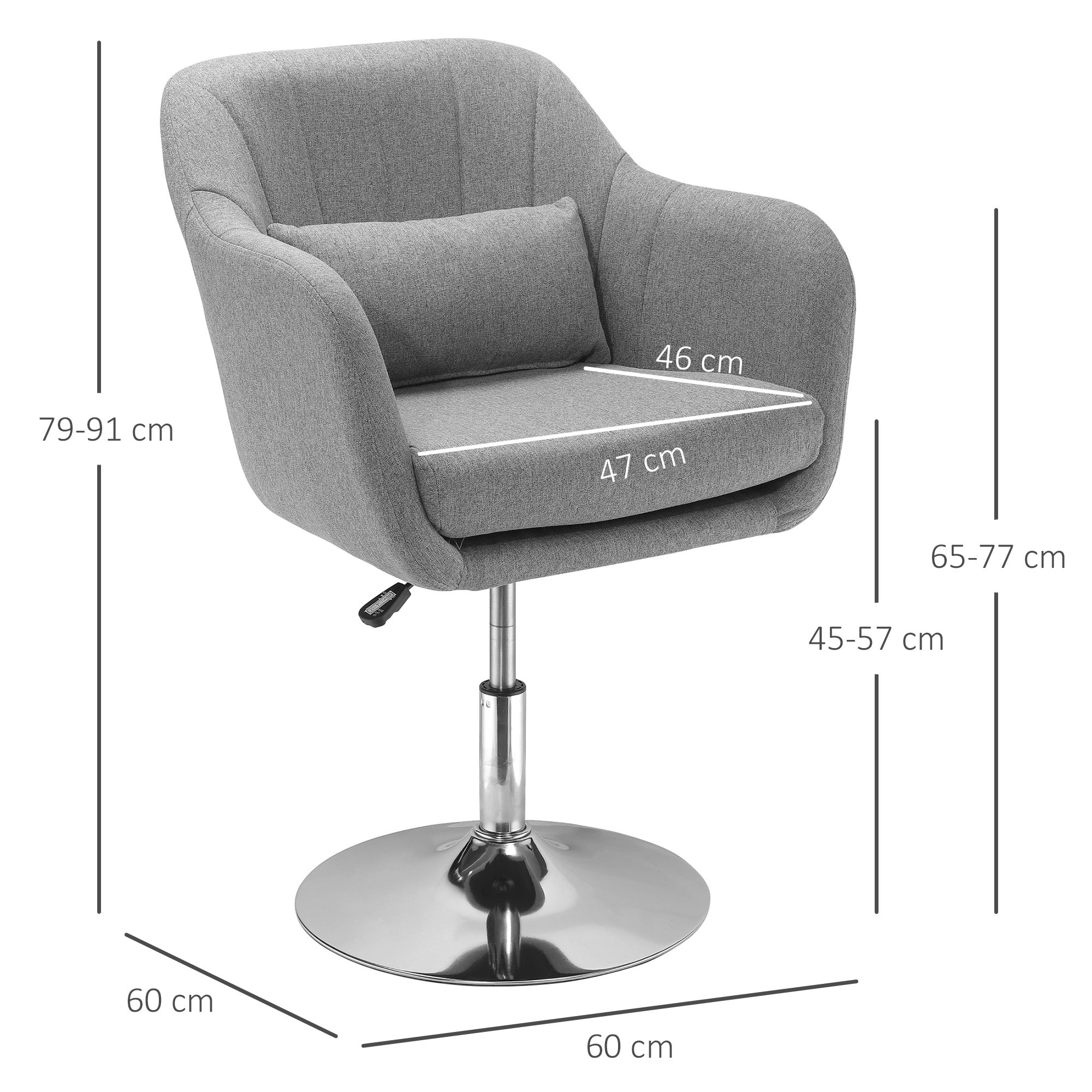 Fauteuil de salon chaise relax fauteuil de chambre grand confort - coussins lombaires hauteur réglable pivotant 360° piètement en métal chromé - gris