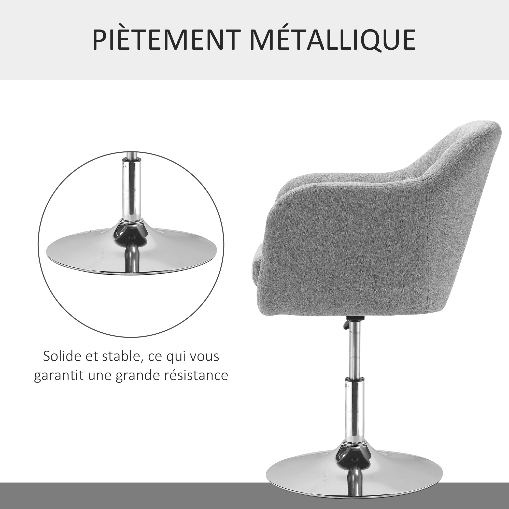 Fauteuil de salon chaise relax fauteuil de chambre grand confort - coussins lombaires hauteur réglable pivotant 360° piètement en métal chromé - gris