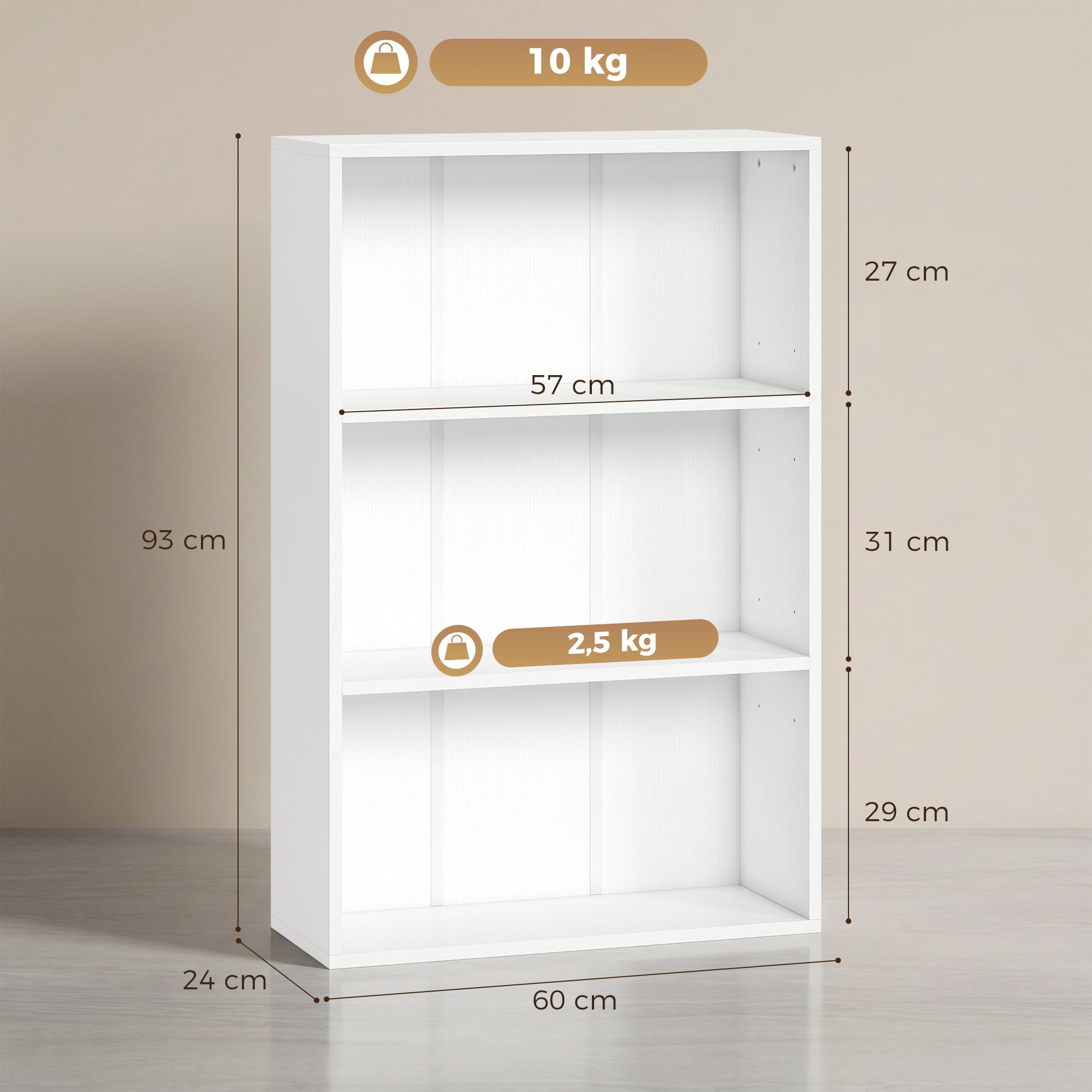 Bibliothèque étagère de rangement avec 3 compartiments et étagère réglable, meuble de rangement pour bureau, salon, chambre, 60 x 24 x 93 cm, blanc
