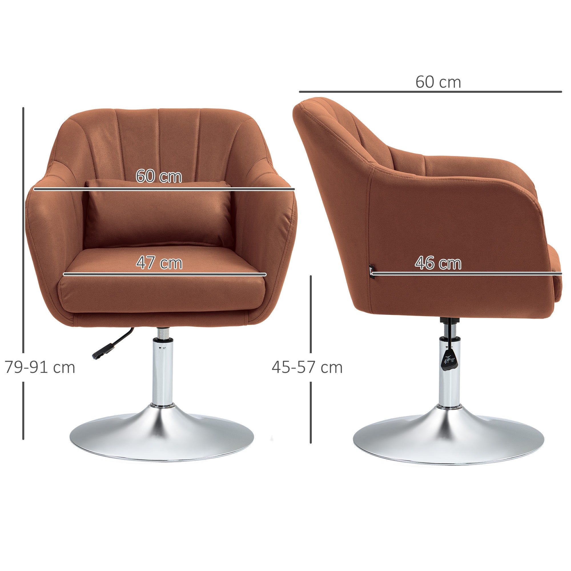 Fauteuil de salon chaise relax fauteuil de chambre grand confort - coussins lombaires hauteur réglable pivotant 360° piètement en métal chromé -marron