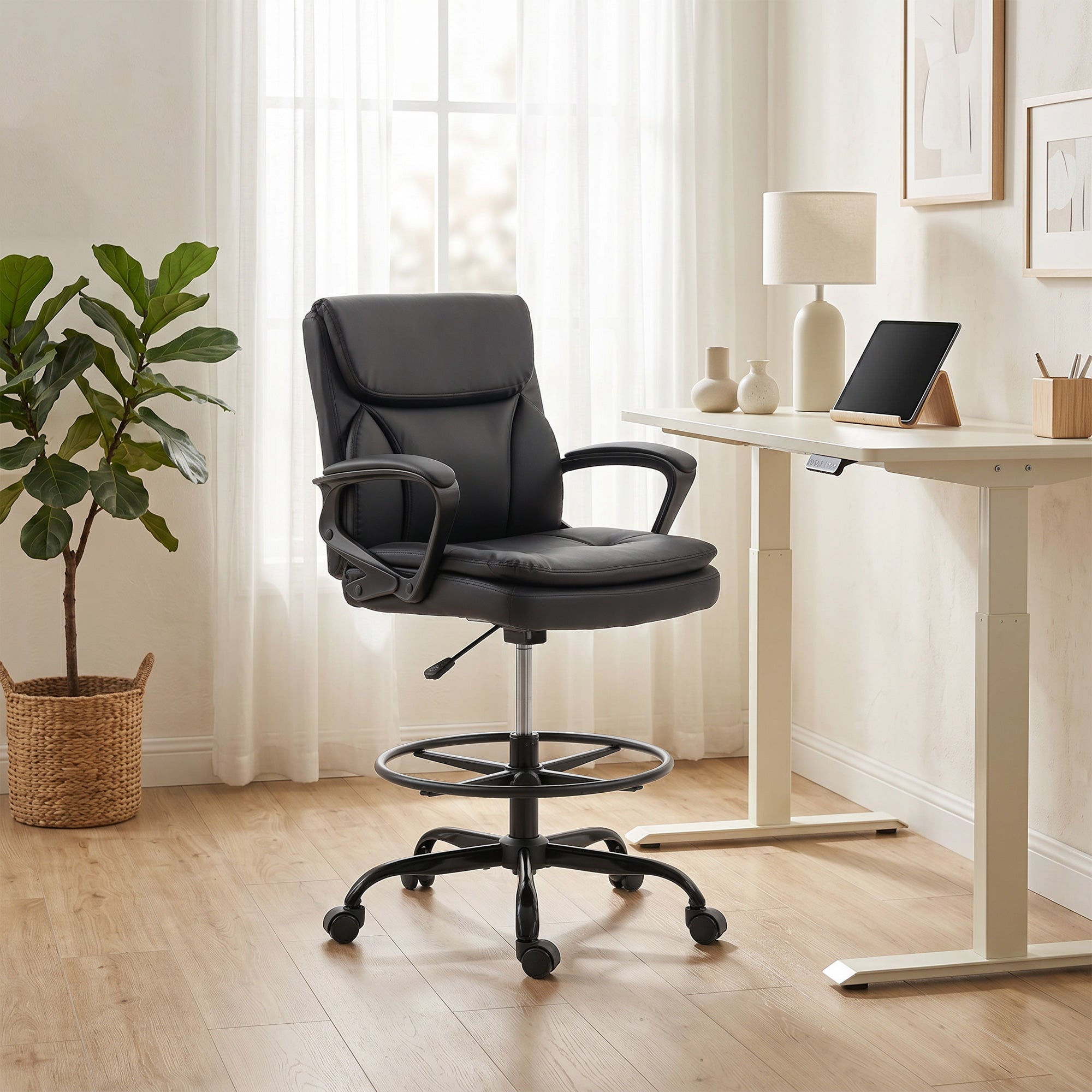 Chaise bureau ergonomique, chaise de dessin réglable en hauteur, fauteuil de bureau avec accoudoirs et repose-pieds réglable, rembourrage double, pivotant, pour studio, travail à domicile, noir