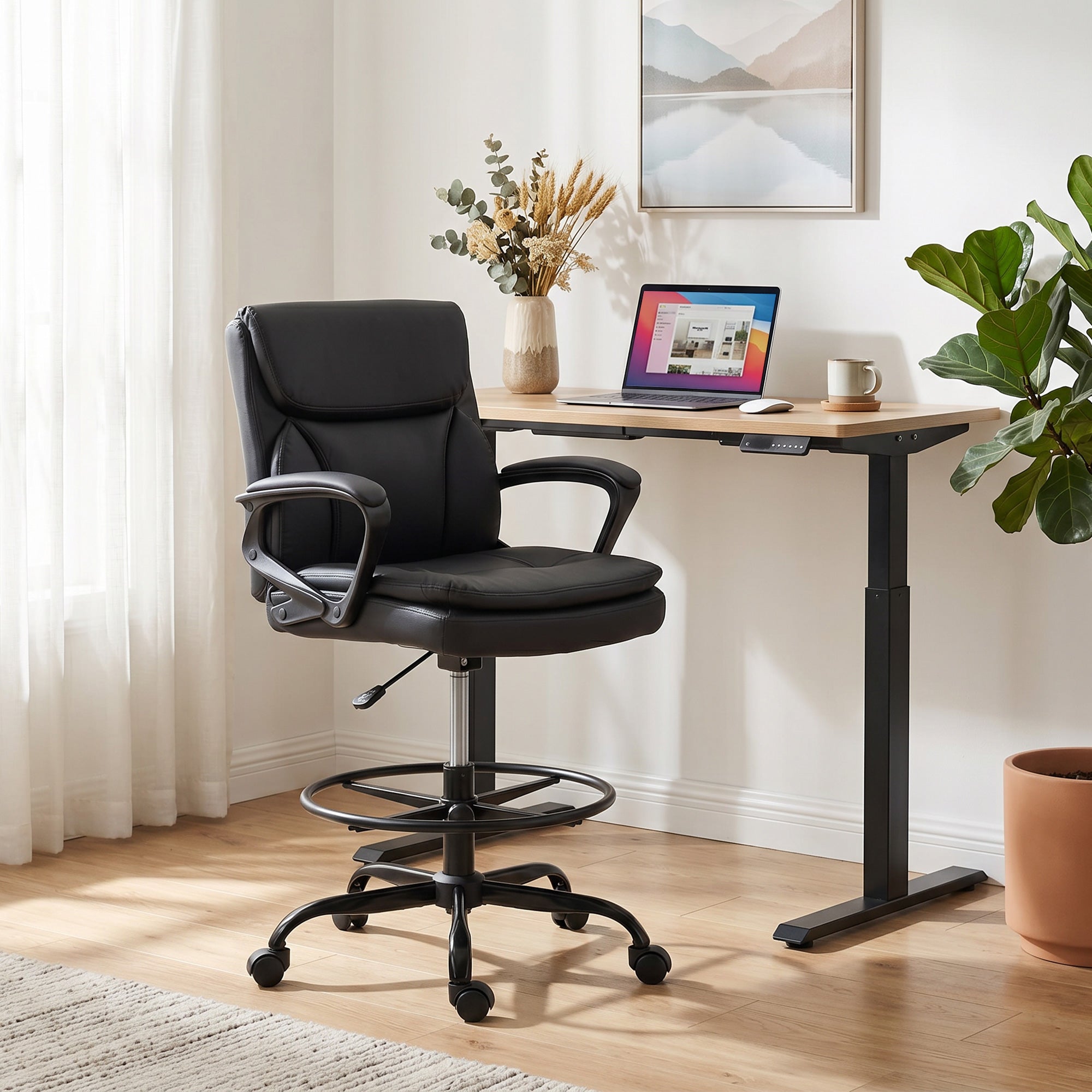 Chaise bureau ergonomique, chaise de dessin réglable en hauteur, fauteuil de bureau avec accoudoirs et repose-pieds réglable, rembourrage double, pivotant, pour studio, travail à domicile, noir