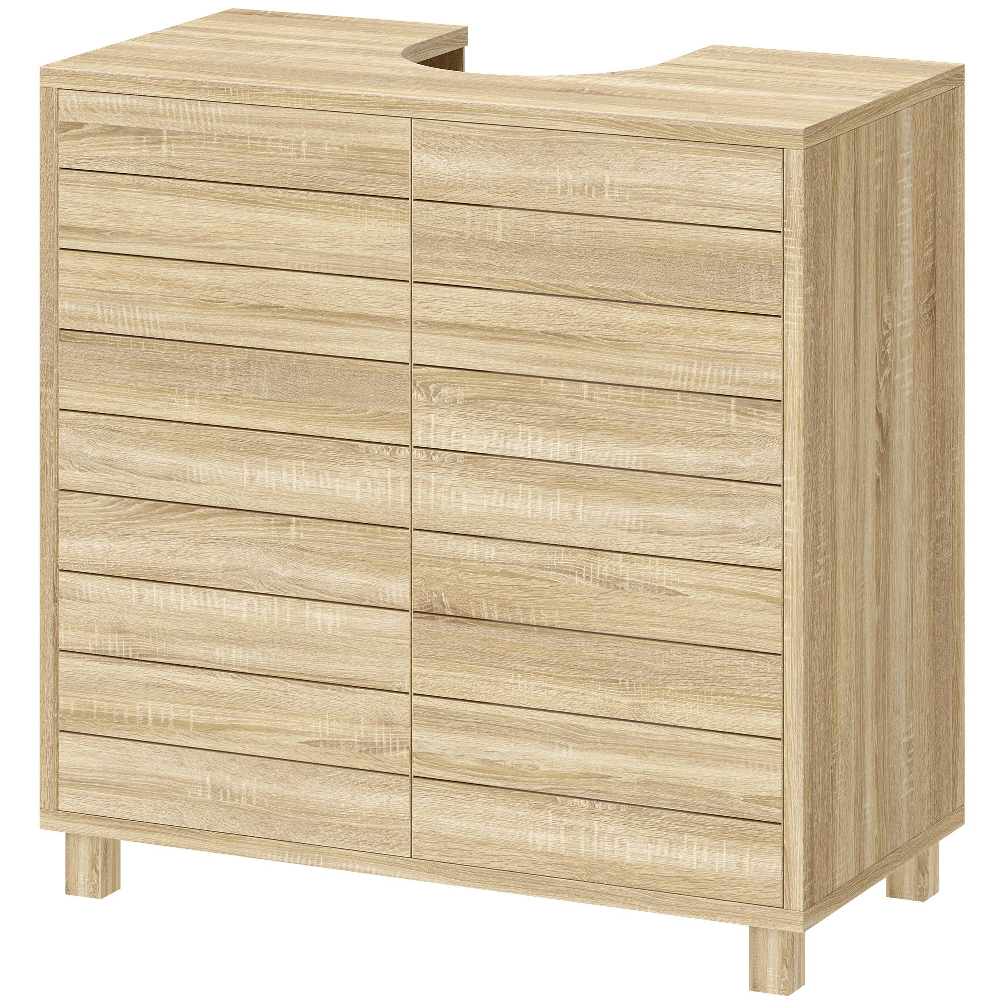 Meuble sous Lavabo, Meuble de Salle de Bain avec Découpe en Forme U, Portes à Lattes, Étagère Réglable, Ouverture par Pression, 60 x 30 x 60 cm, Naturel