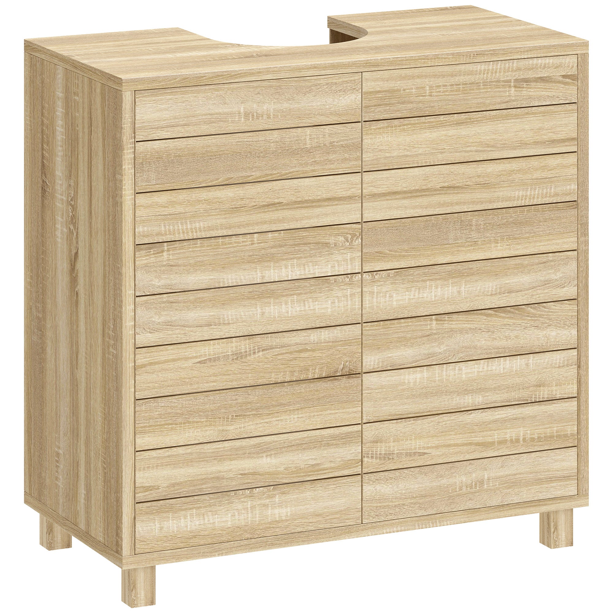 Meuble sous Lavabo, Meuble de Salle de Bain avec Découpe en Forme U, Portes à Lattes, Étagère Réglable, Ouverture par Pression, 60 x 30 x 60 cm, Naturel