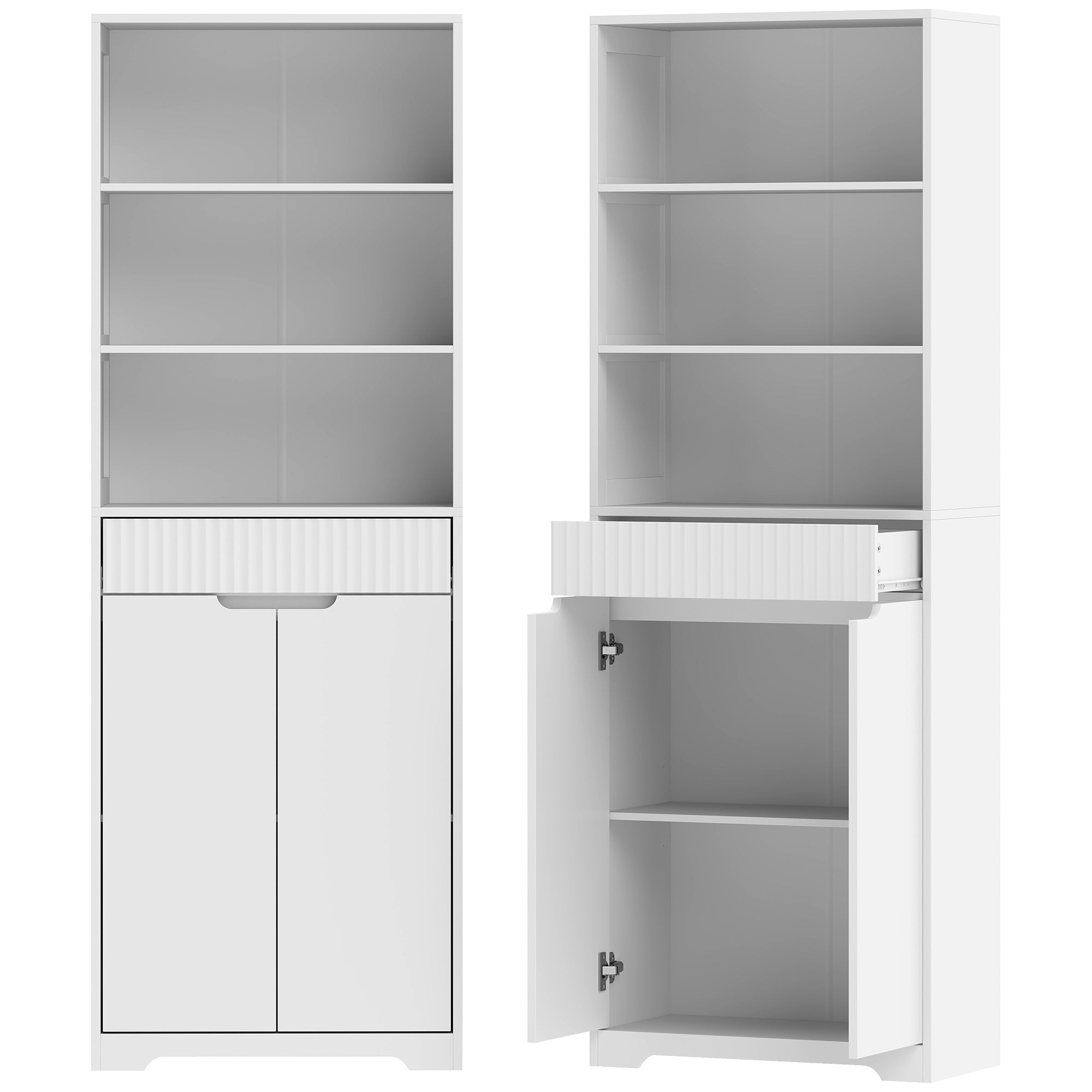 Meuble de salle de bain haut, meuble de rangement avec 2 portes à fermeture douce, tiroir, 3 compartiments ouverts et étagères réglables, style moderne, pour salon, chambre, 60x30x171cm, blanc