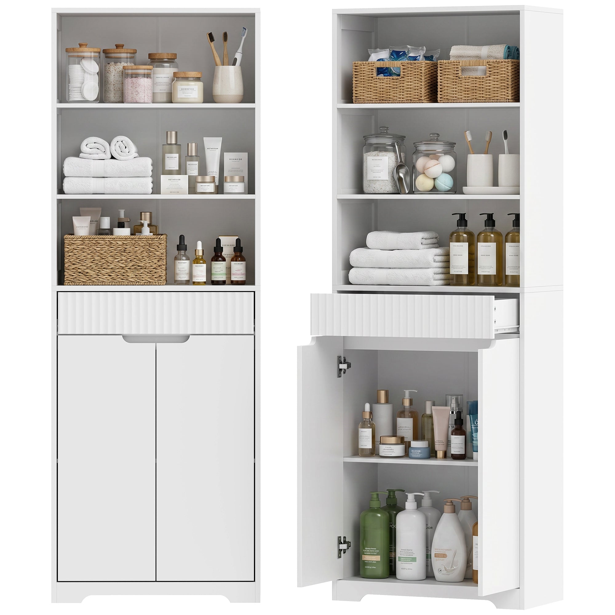 Meuble de salle de bain haut, meuble de rangement avec 2 portes à fermeture douce, tiroir, 3 compartiments ouverts et étagères réglables, style moderne, pour salon, chambre, 60x30x171cm, blanc