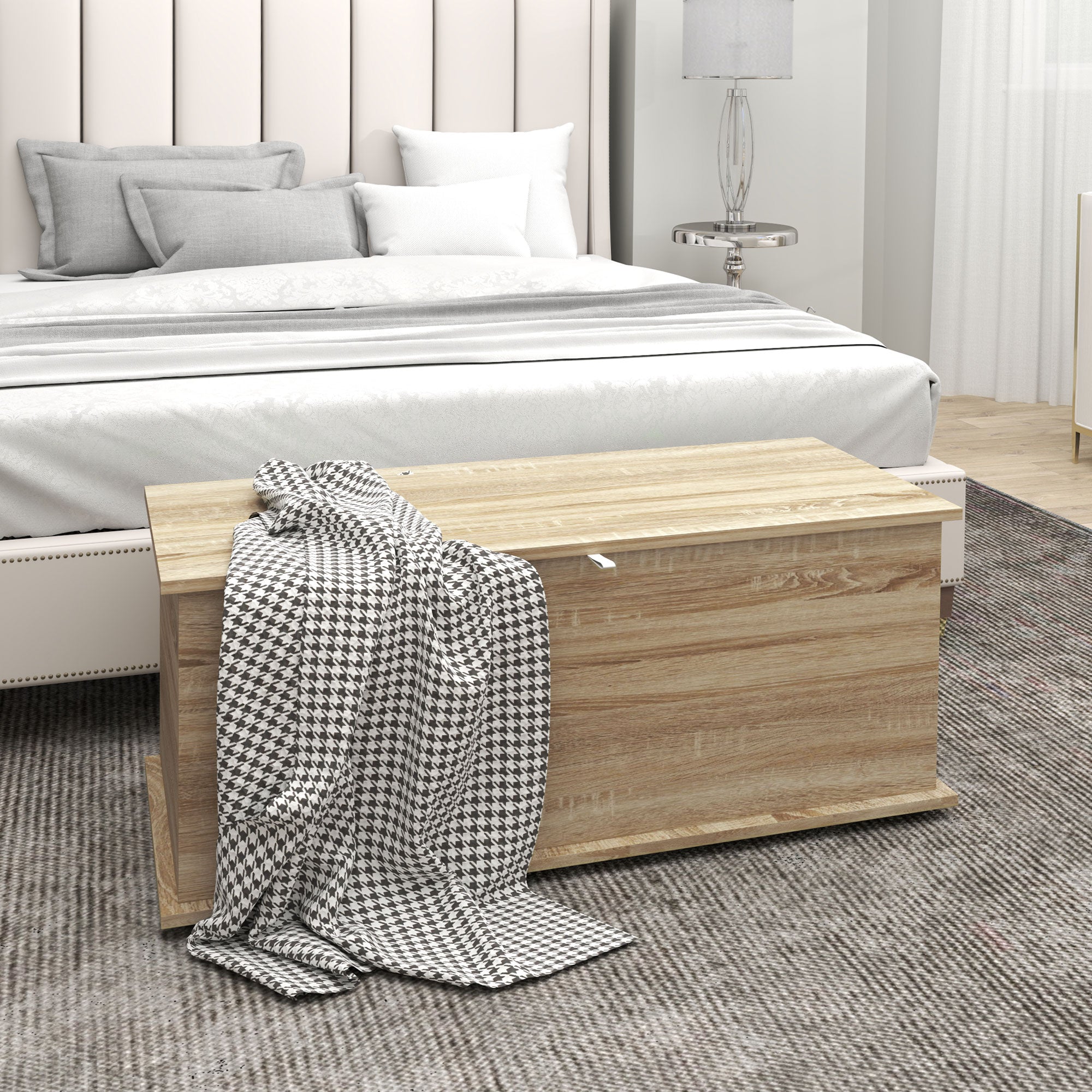 Coffre de rangement, banc de rangement avec couvercle rabattable et charnières de sécurité, banc chaussures, meuble d'entrée, couloir, chambre, salon, 100 x 40 x 40 cm, effet bois naturel