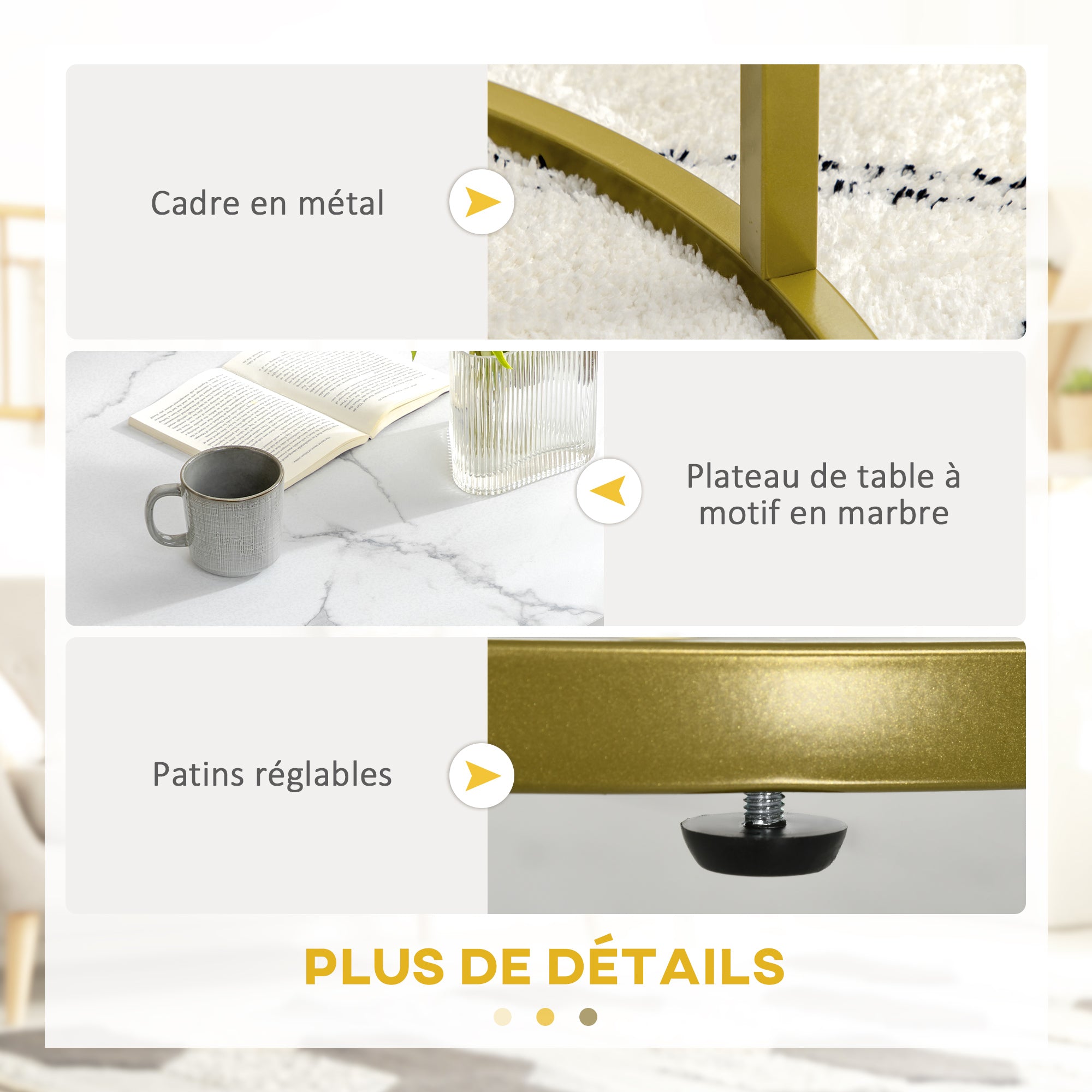 Lot de 2 tables basses gigognes tables rondes plateau blanc aspect marbre et pied en acier doré