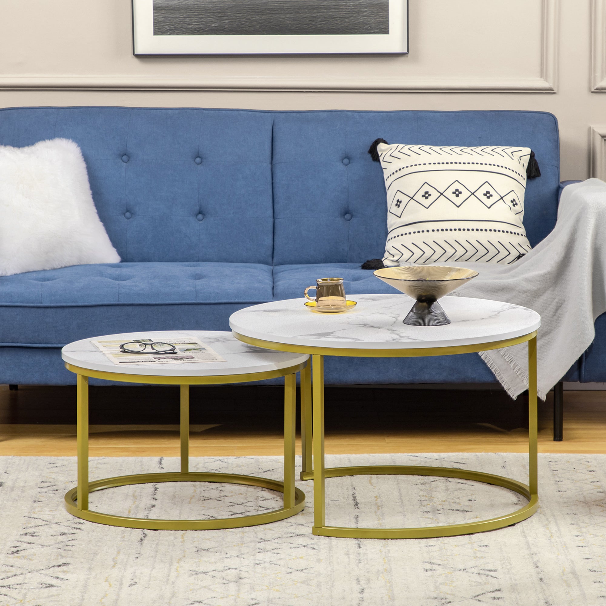 Lot de 2 tables basses gigognes tables rondes plateau blanc aspect marbre et pied en acier doré