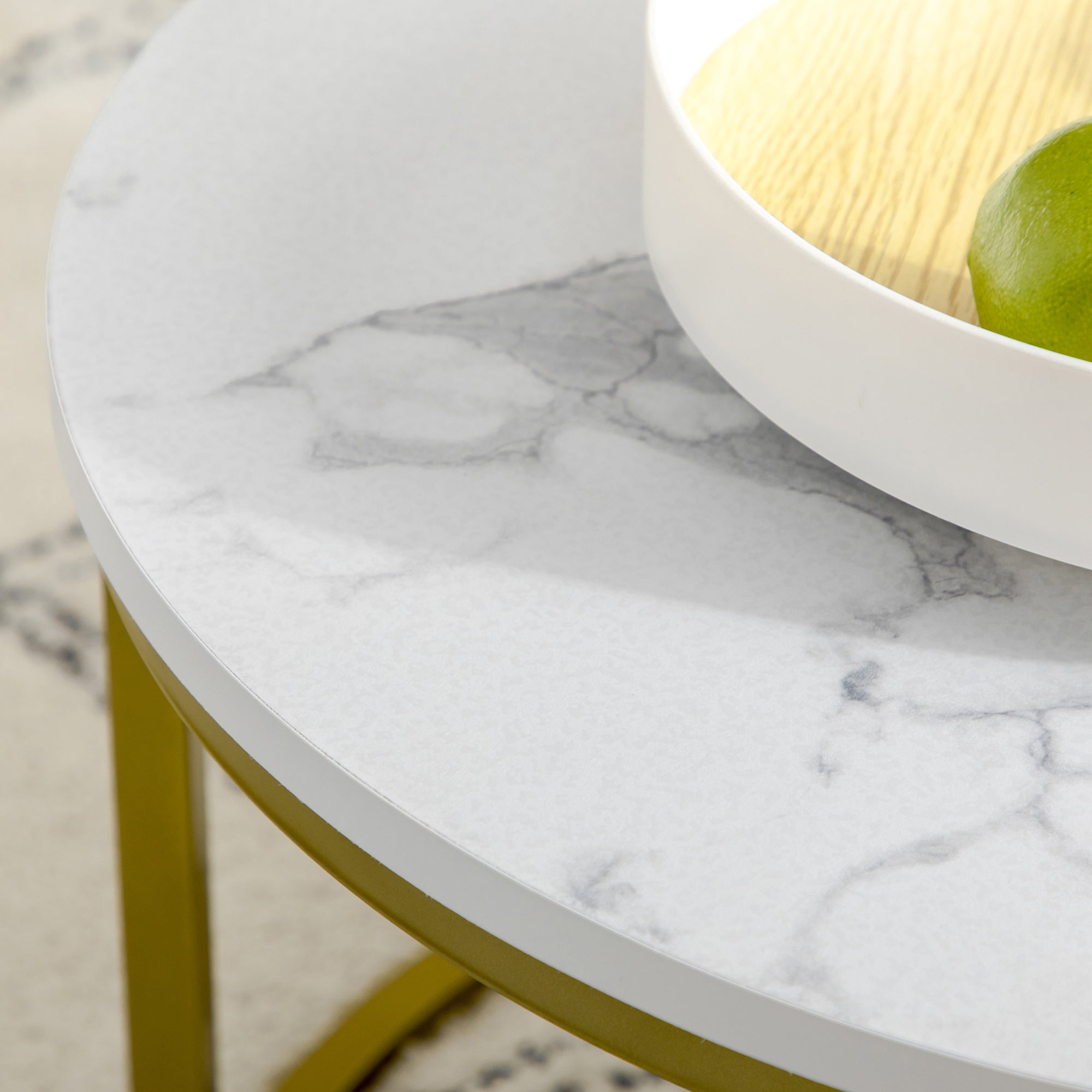 Lot de 2 tables basses gigognes tables rondes plateau blanc aspect marbre et pied en acier doré