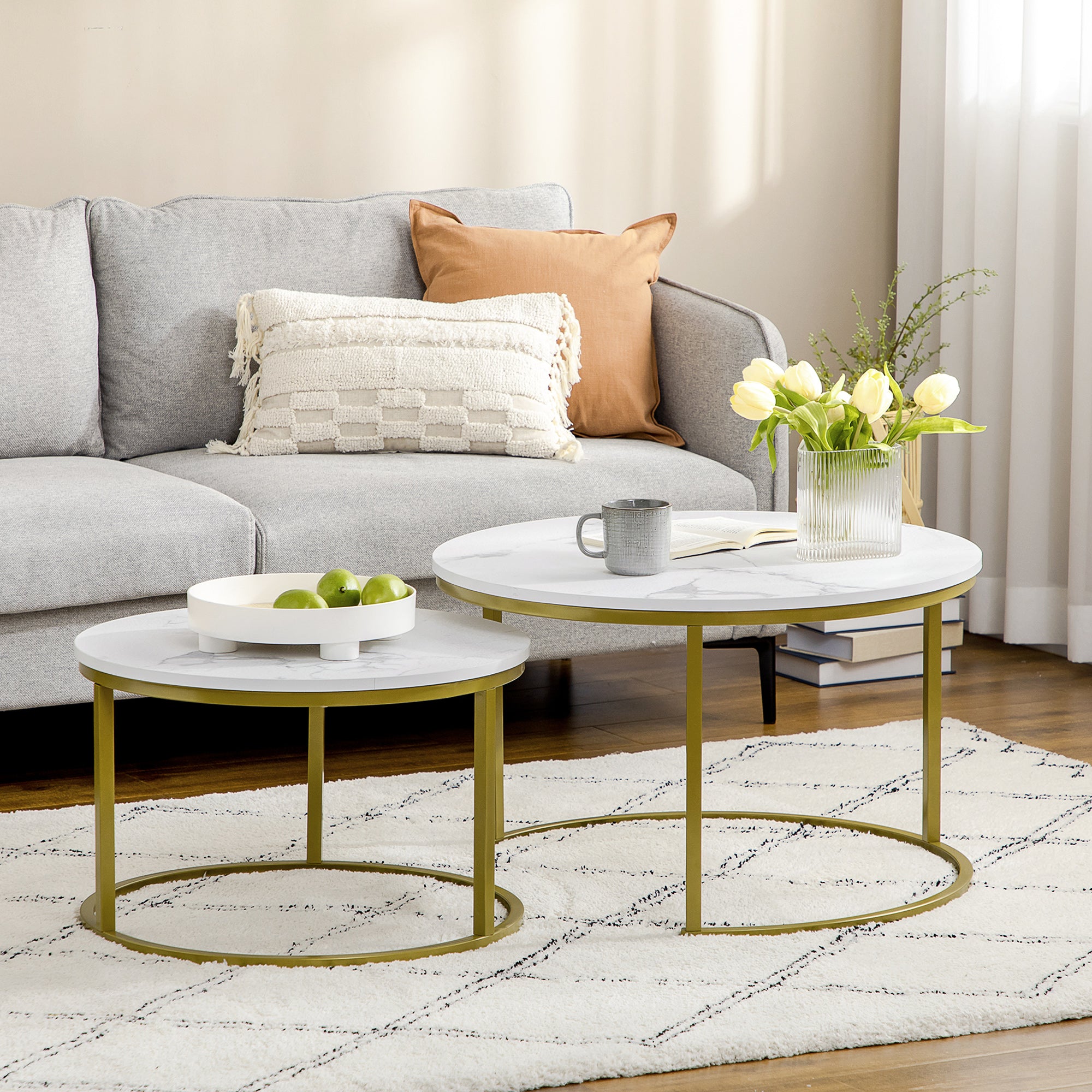 Lot de 2 tables basses gigognes tables rondes plateau blanc aspect marbre et pied en acier doré