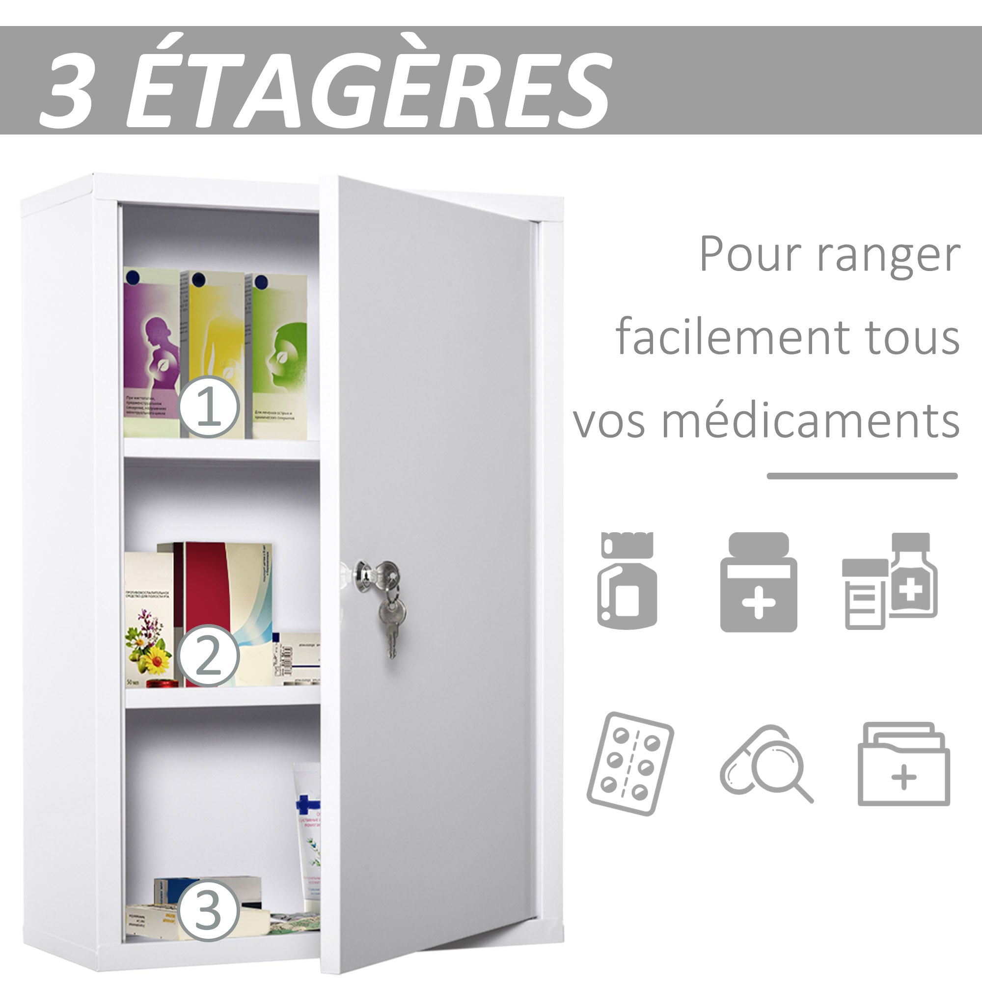 Armoire à Pharmacie 2 étagères 3 Niveaux verrouillable dim. 40L x 18l x 60H cm 2 clés métal Blanc
