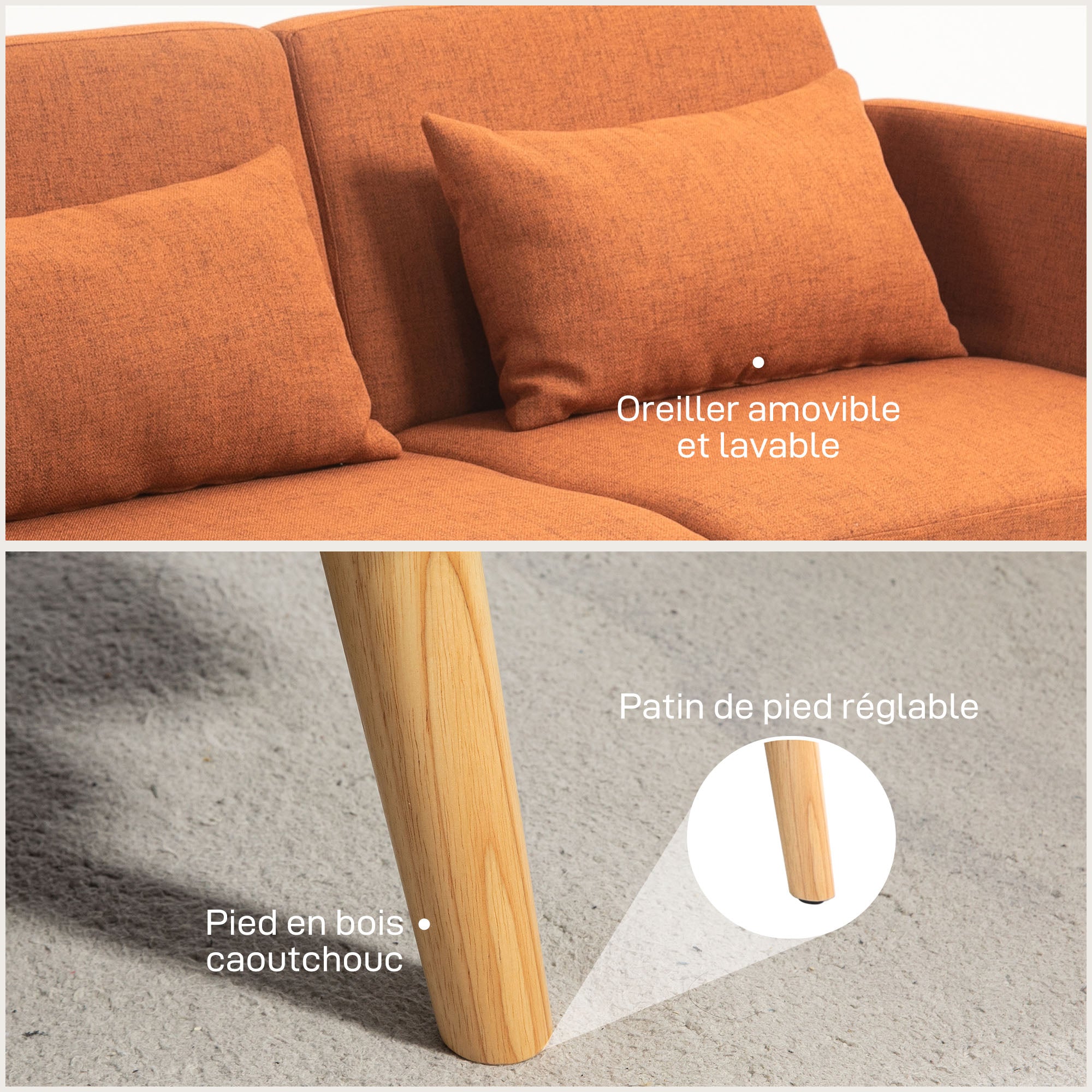 Canapé convertible 3 places, canapé-lit 2 places, dossier inclinable et accoudoirs réglables, clic clac en tissu effet lin, pieds en bois massif, 2 coussins lavables, marron