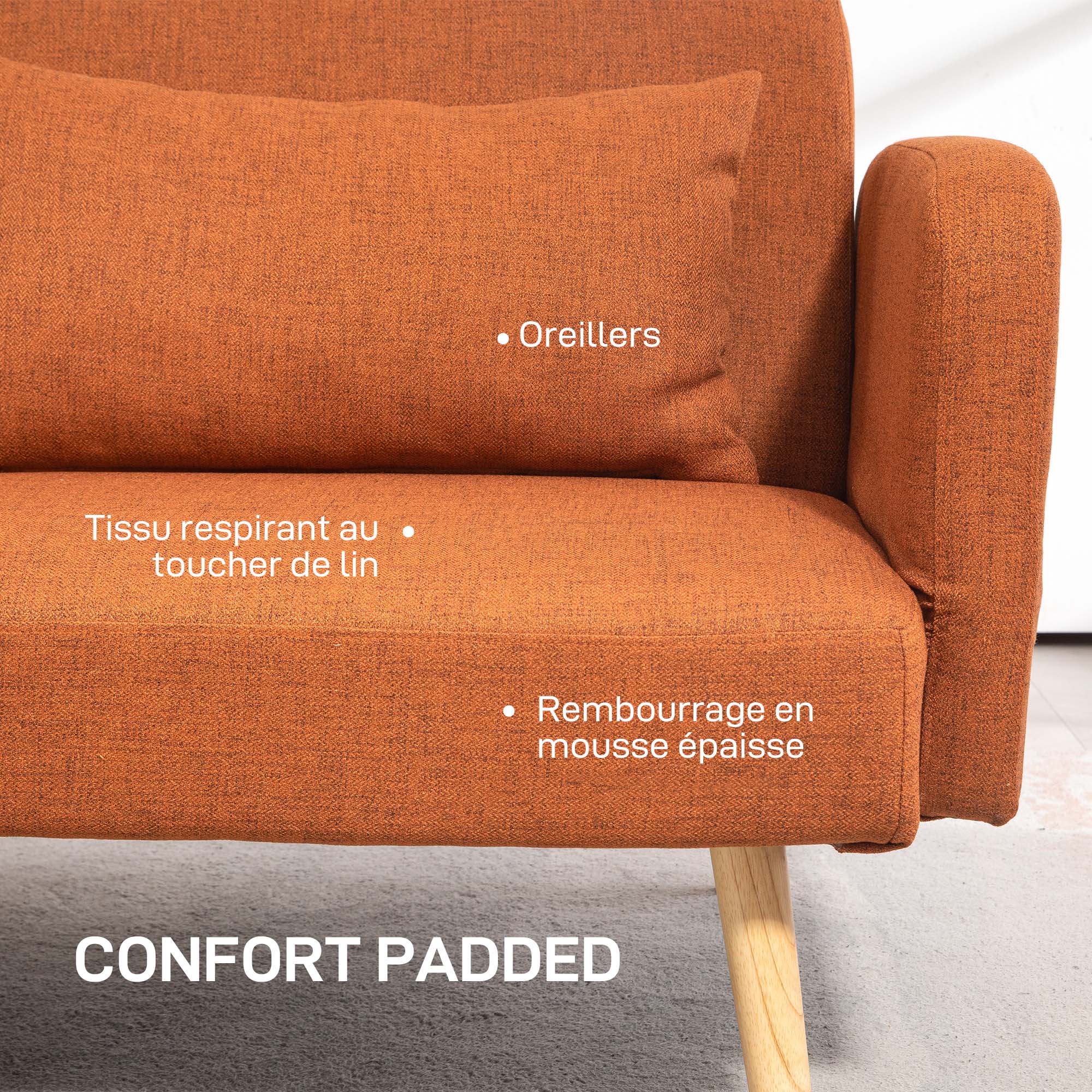 Canapé convertible 3 places, canapé-lit 2 places, dossier inclinable et accoudoirs réglables, clic clac en tissu effet lin, pieds en bois massif, 2 coussins lavables, marron