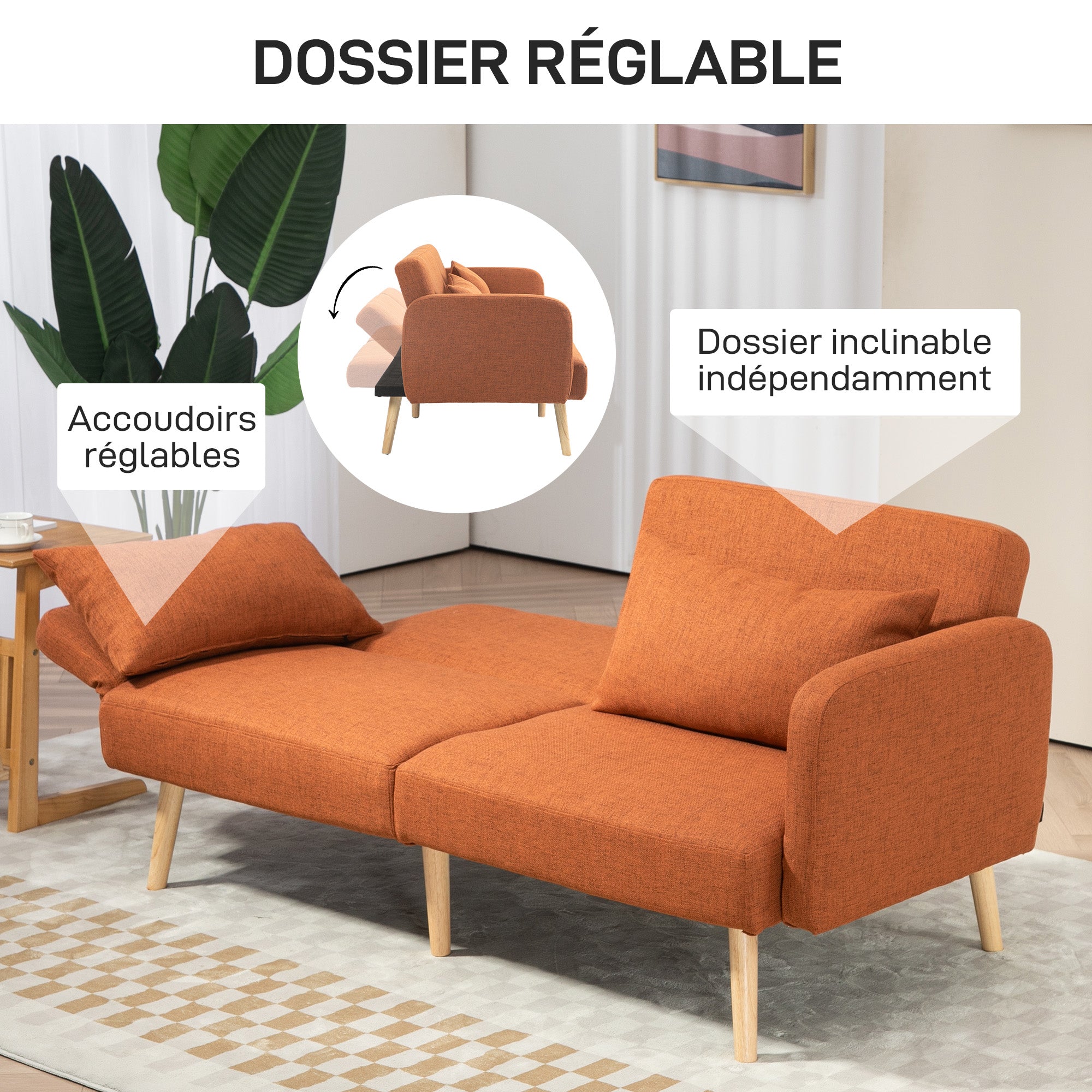 Canapé convertible 3 places, canapé-lit 2 places, dossier inclinable et accoudoirs réglables, clic clac en tissu effet lin, pieds en bois massif, 2 coussins lavables, marron