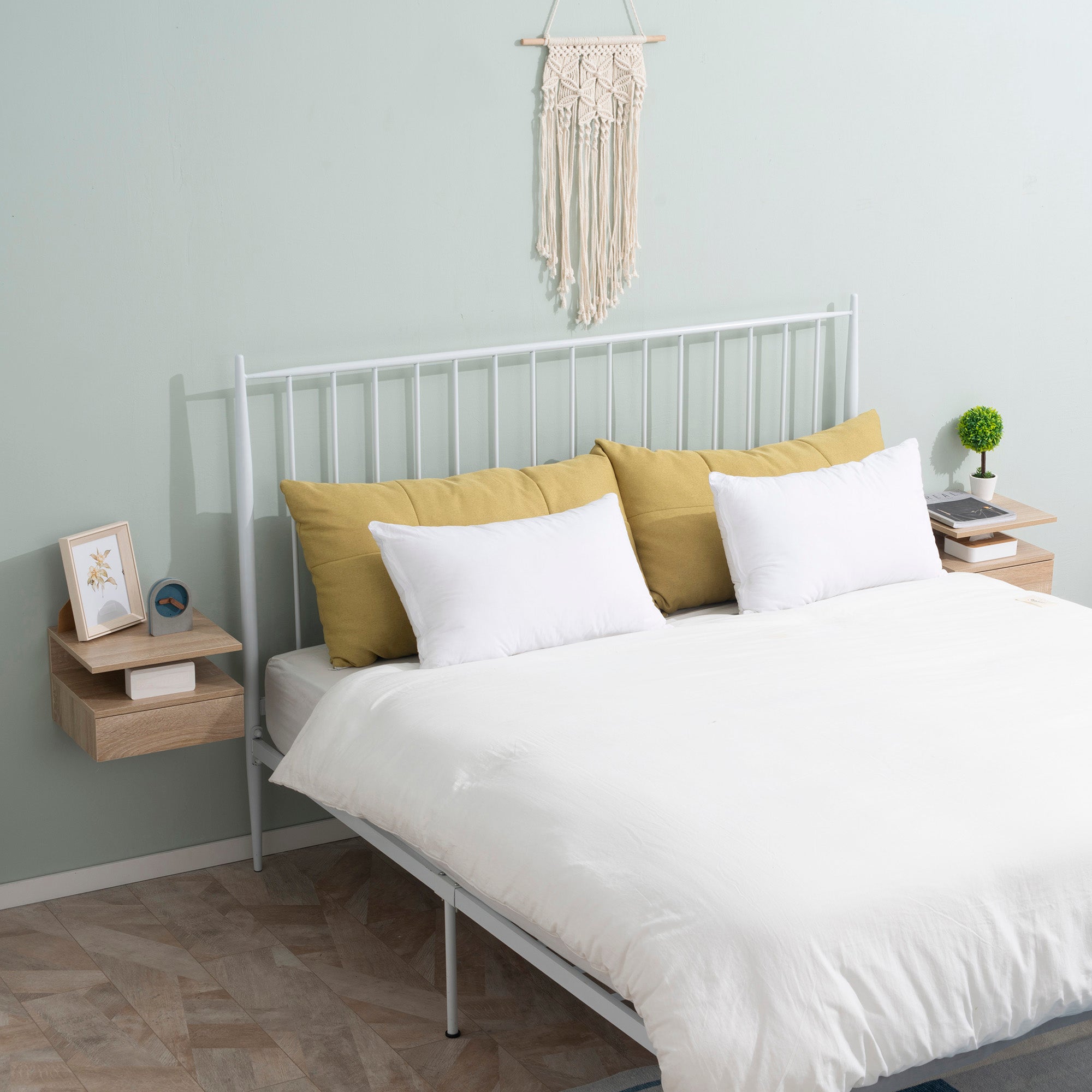 Lot de 2 Tables de Chevet murales - Lot de 2 Tables de Nuit - tiroir Coulissant, Niche, Plateau - en Bois Aspect chêne Clair et Noir