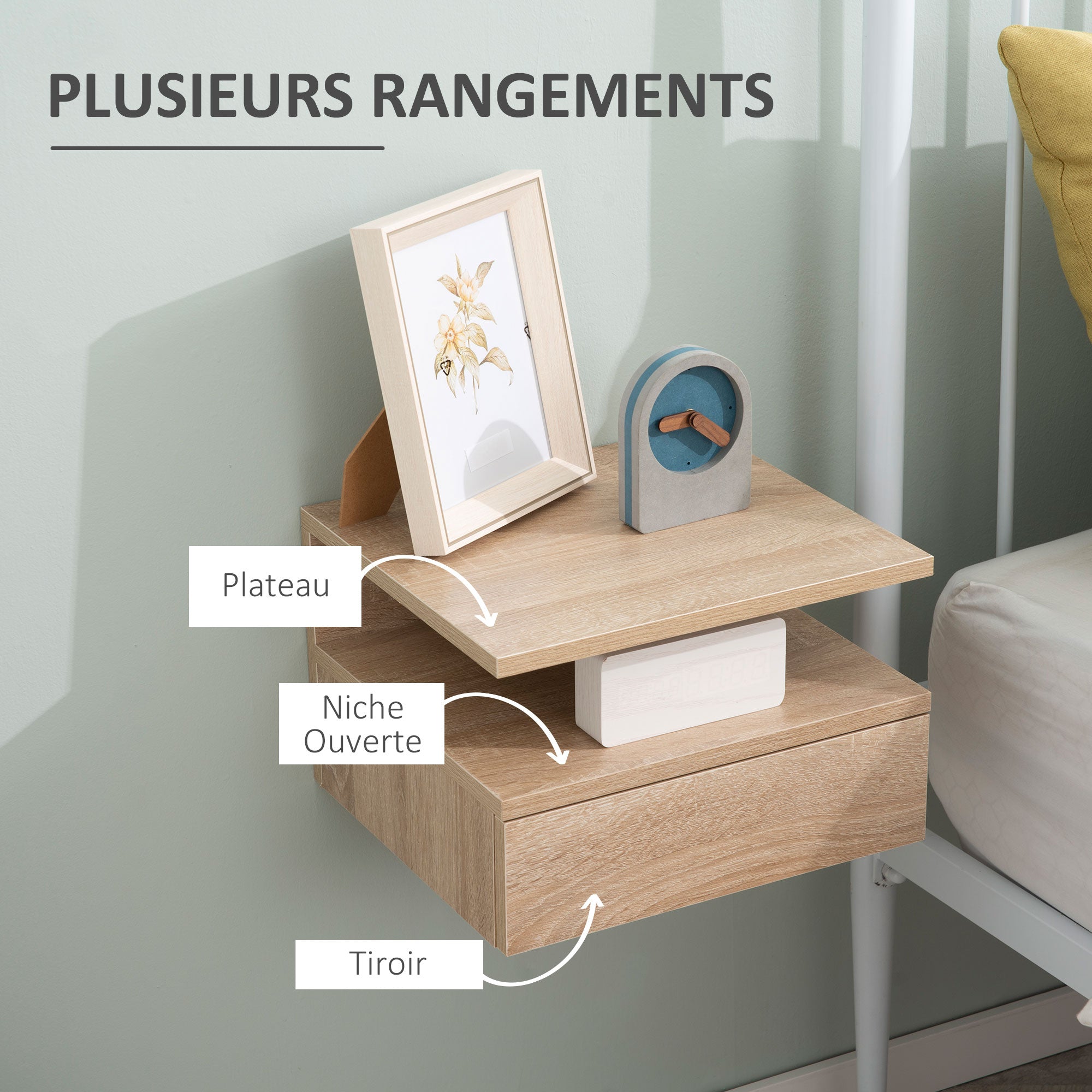 Lot de 2 Tables de Chevet murales - Lot de 2 Tables de Nuit - tiroir Coulissant, Niche, Plateau - en Bois Aspect chêne Clair et Noir