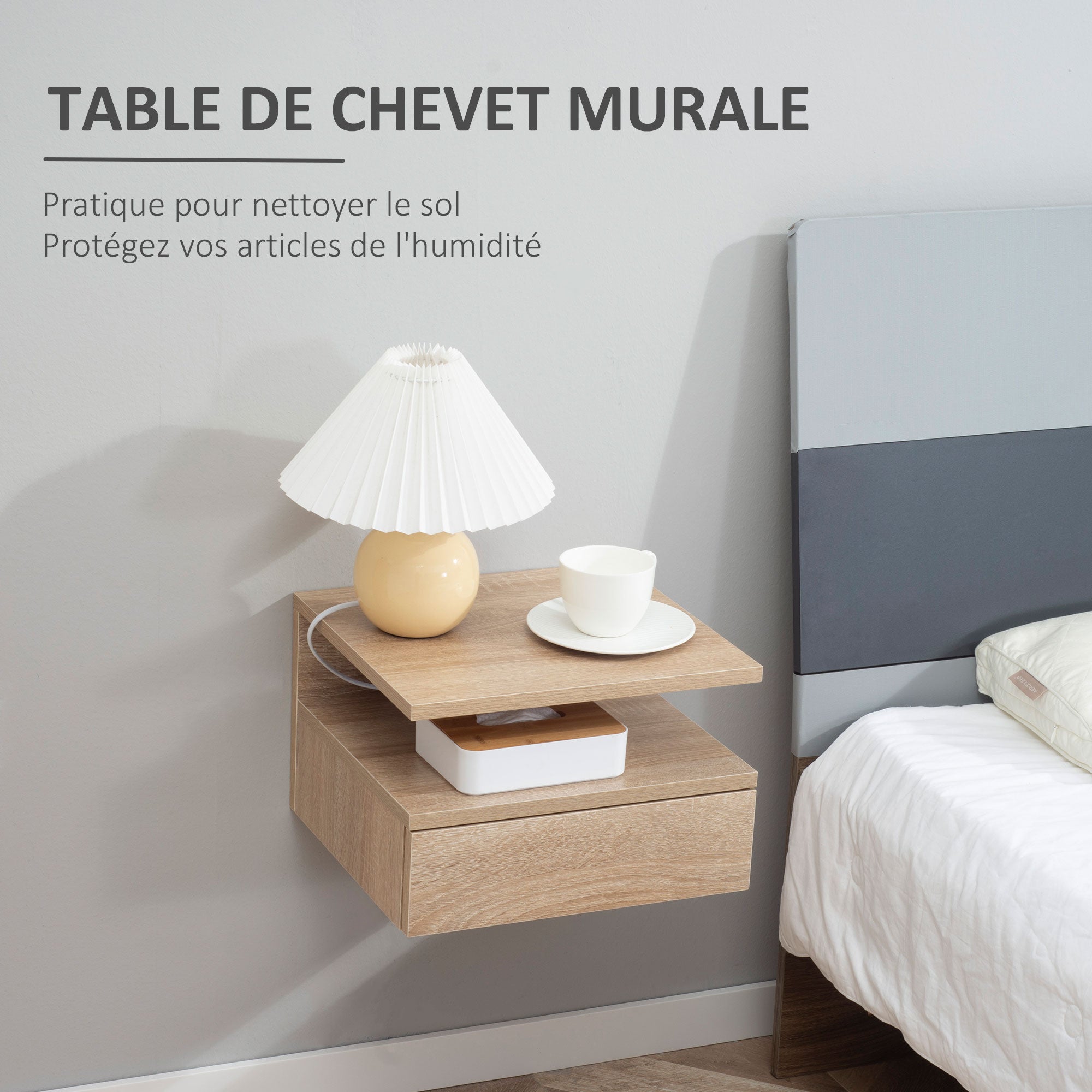 Lot de 2 Tables de Chevet murales - Lot de 2 Tables de Nuit - tiroir Coulissant, Niche, Plateau - en Bois Aspect chêne Clair et Noir