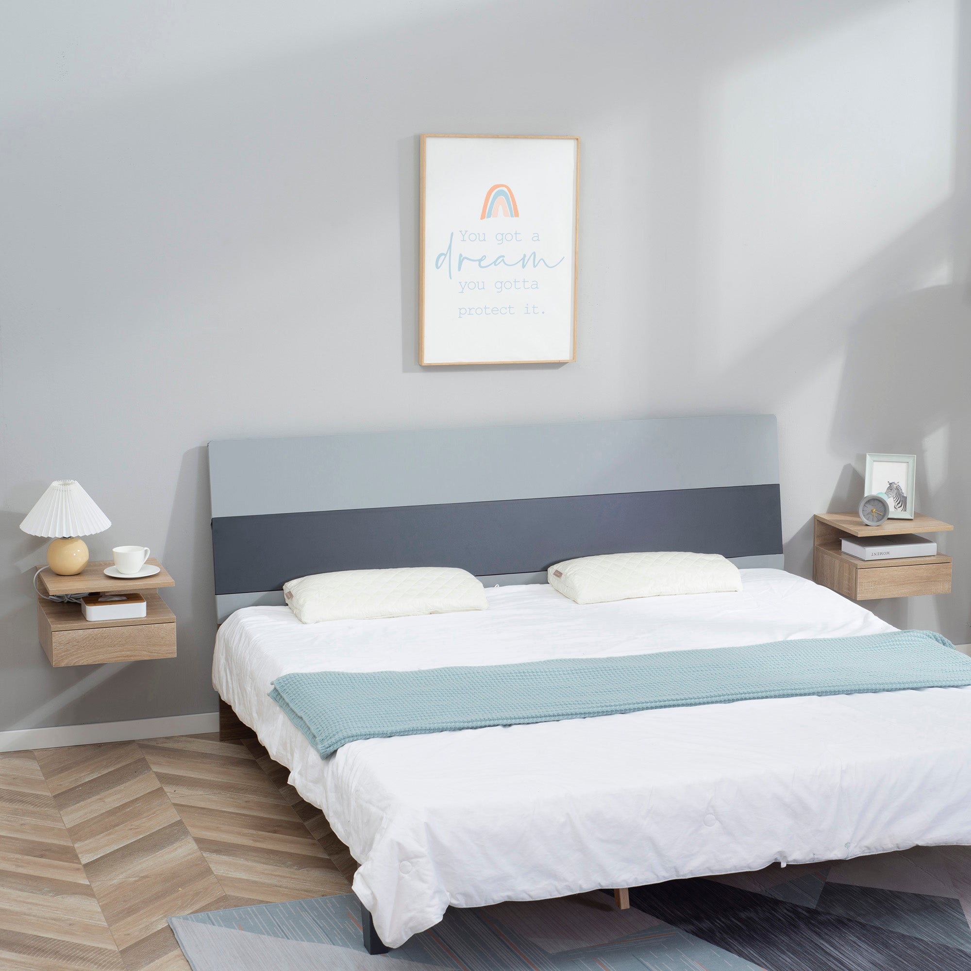 Lot de 2 Tables de Chevet murales - Lot de 2 Tables de Nuit - tiroir Coulissant, Niche, Plateau - en Bois Aspect chêne Clair et Noir